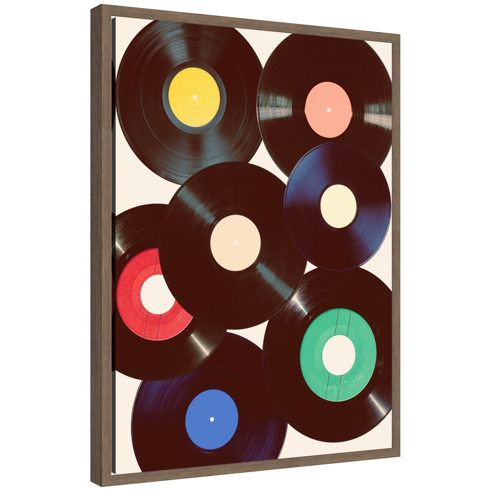 Sylvie Retro Vinyl framed canvas art showing vibrant retro vinyl record theme, displayed against a neutral wall.