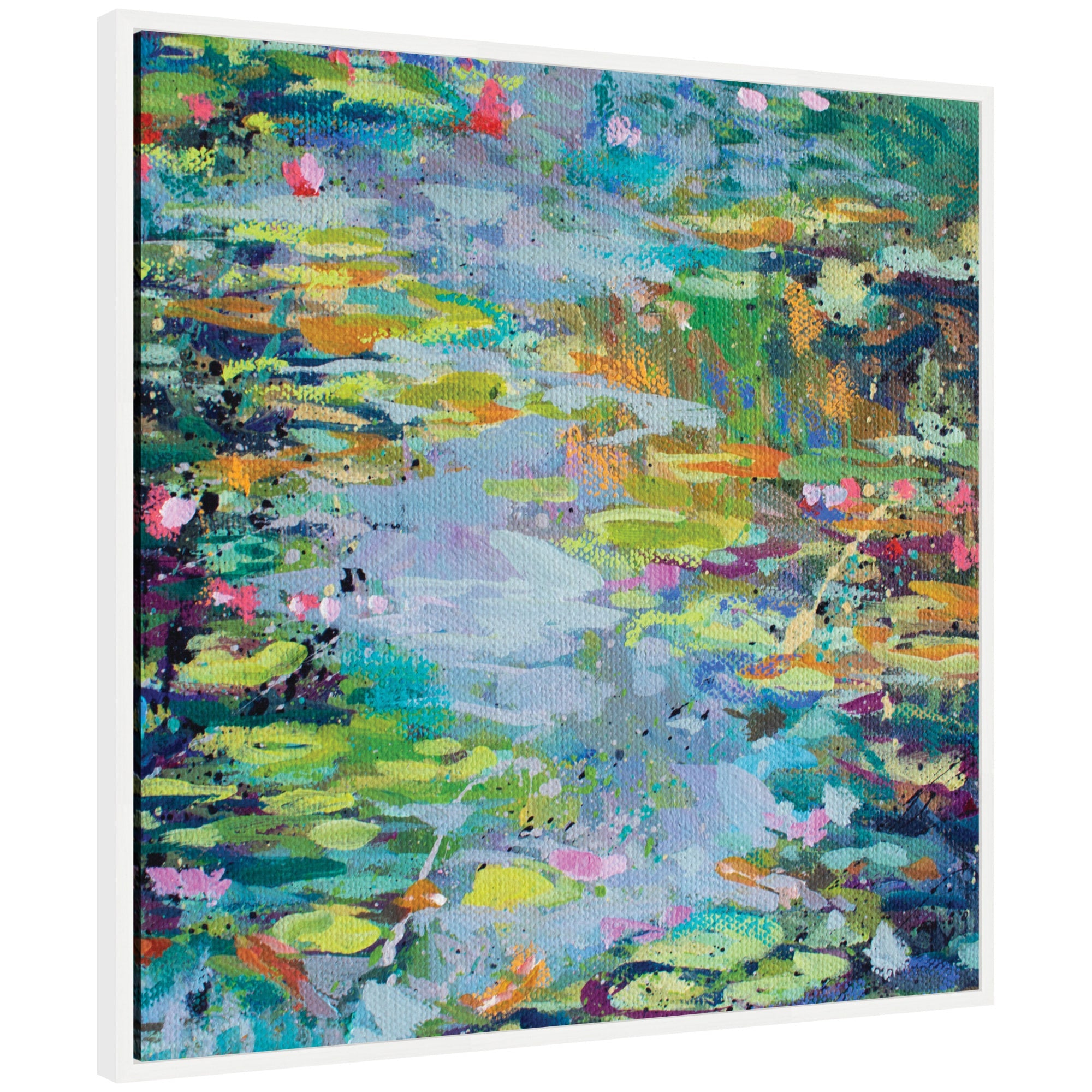 Framed canvas artwork titled Sylvie Waterlilies at Giverny featuring a muted waterlily landscape, shown in a beaded natural frame.