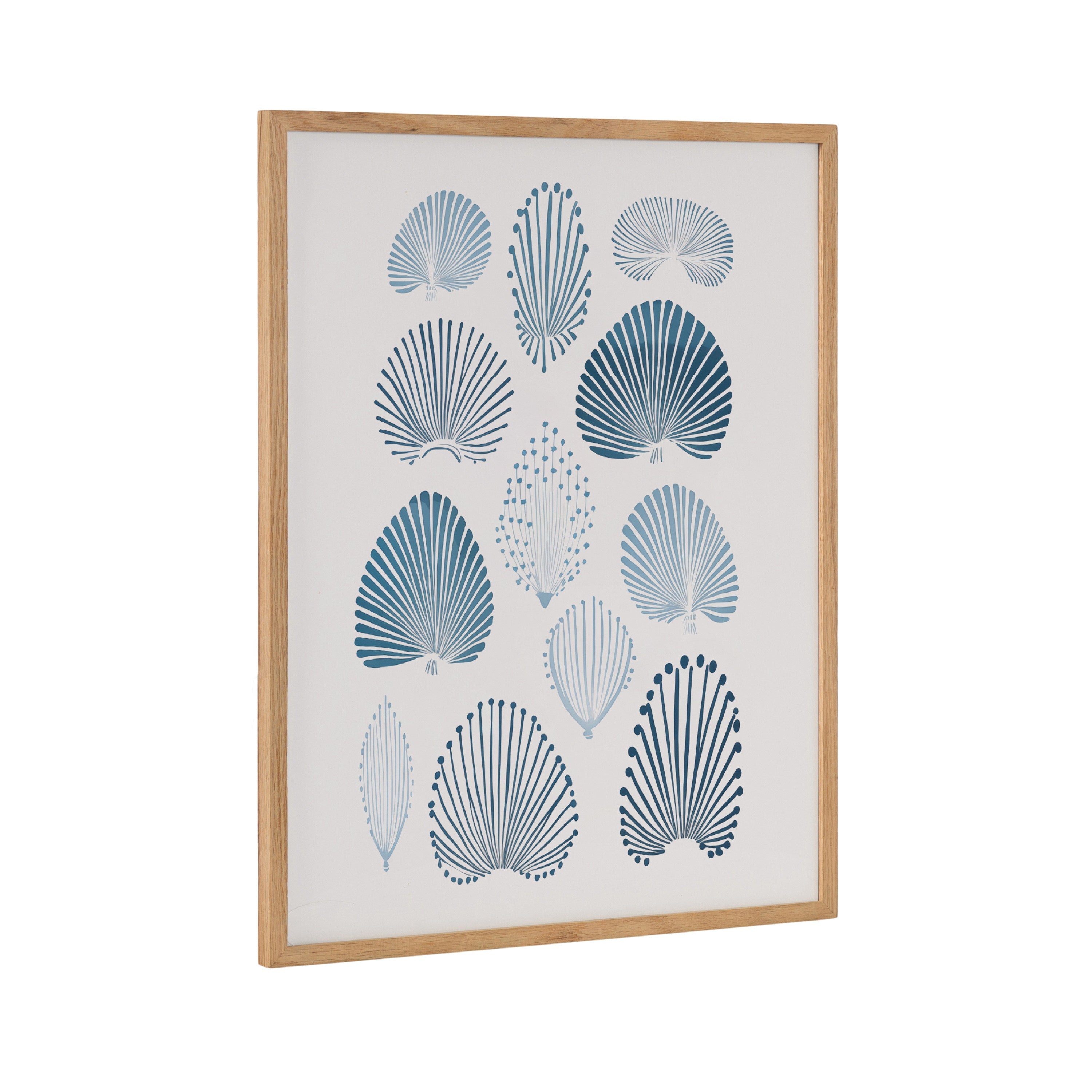 Framed abstract coastal blue coral print hung on a light-colored wall