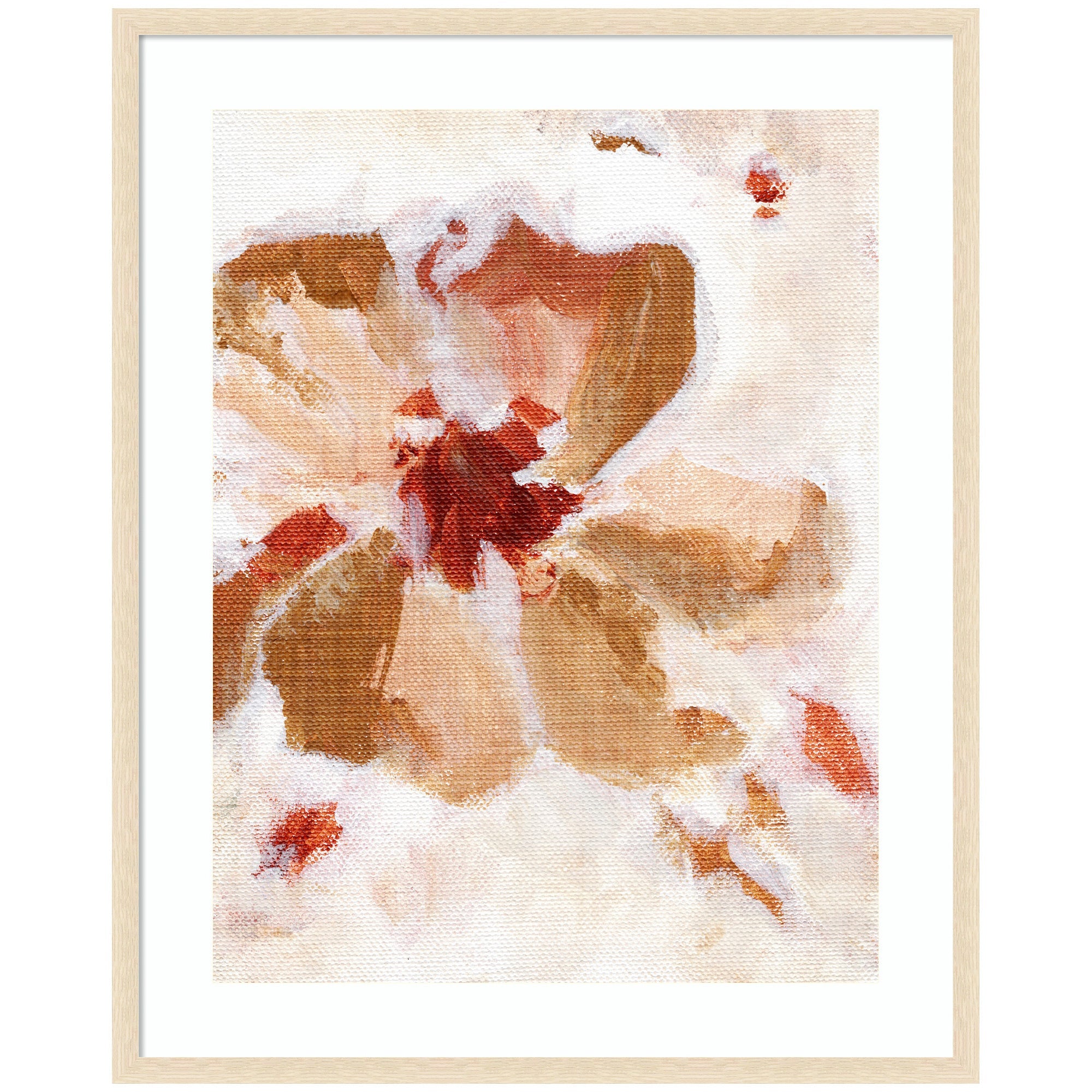 Framed modern contemporary art print titled Painterly Brown Blossom II featuring warm floral motif in brown, beige, and red hues