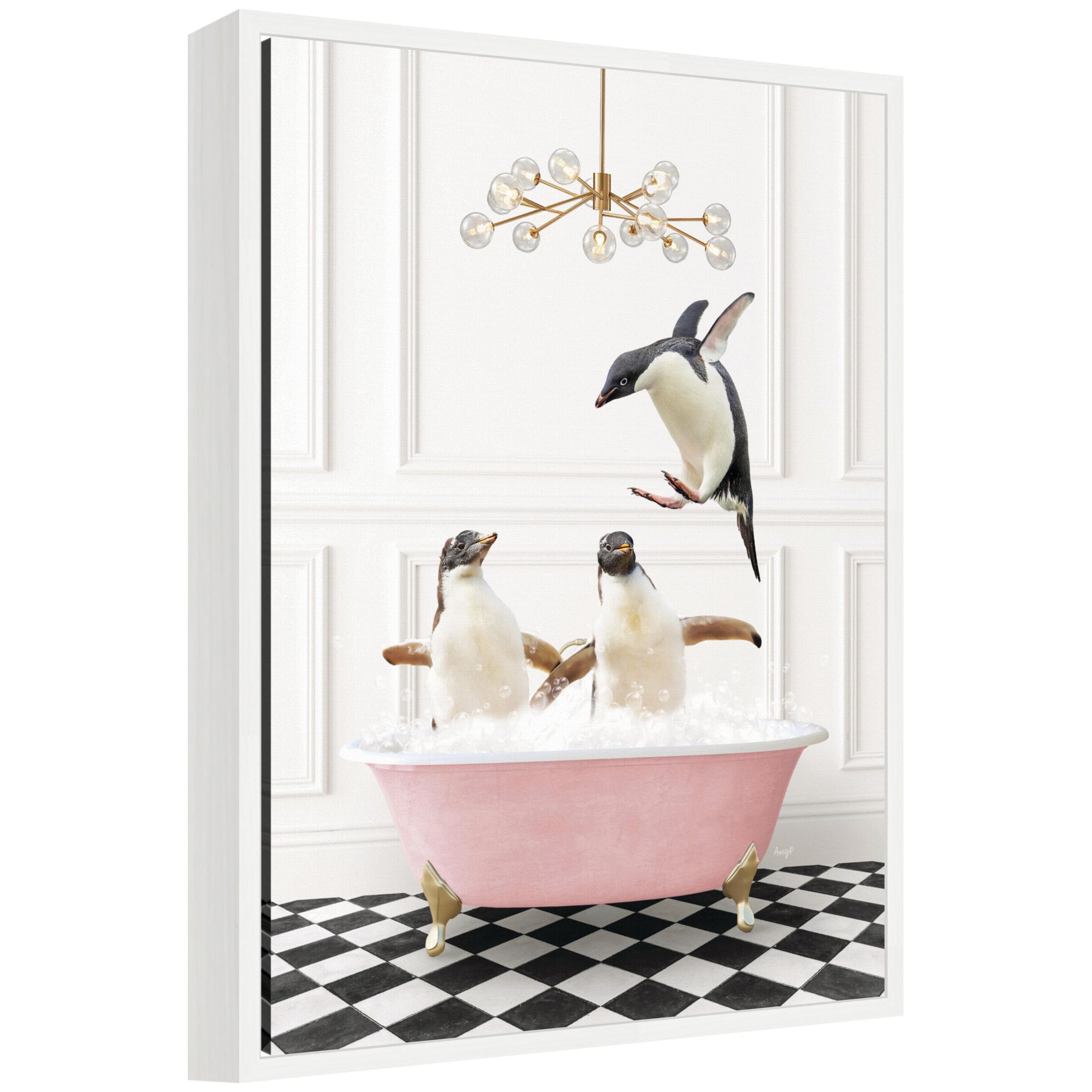Framed canvas art showing penguins in a pink bathtub on a checker floor by Amy Peterson