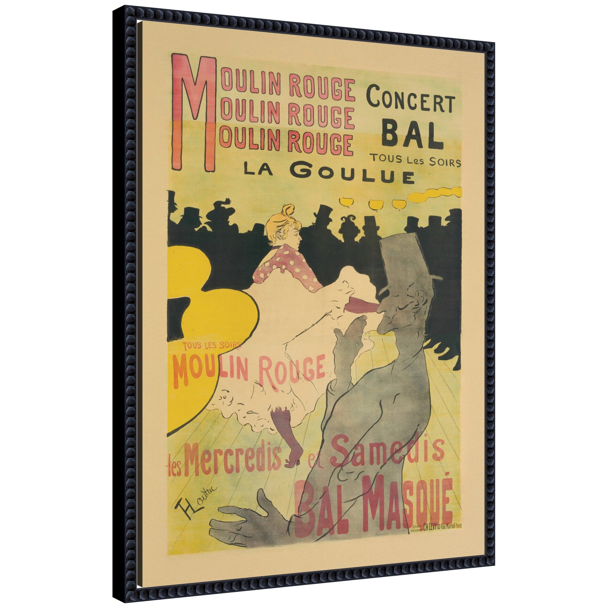 Framed canvas wall art of Moulin Rouge La Goulue 1891 by Henri de Toulouse Lautrec showing a vibrant vintage Parisian scene in a beaded black frame