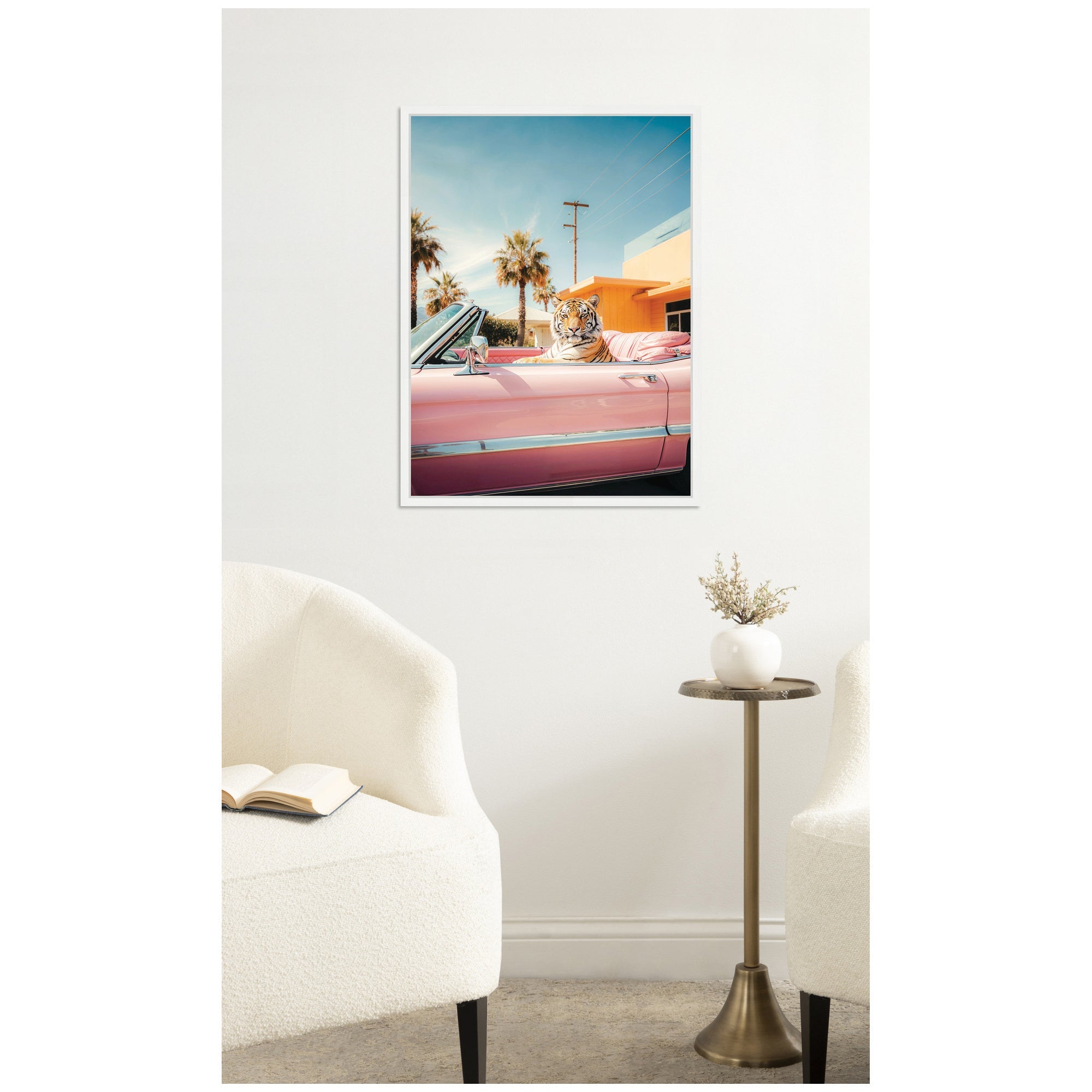 Cool Tiger Sitting in a Pink Classic Car by Michael Schauer Framed Canvas Wall Art Print