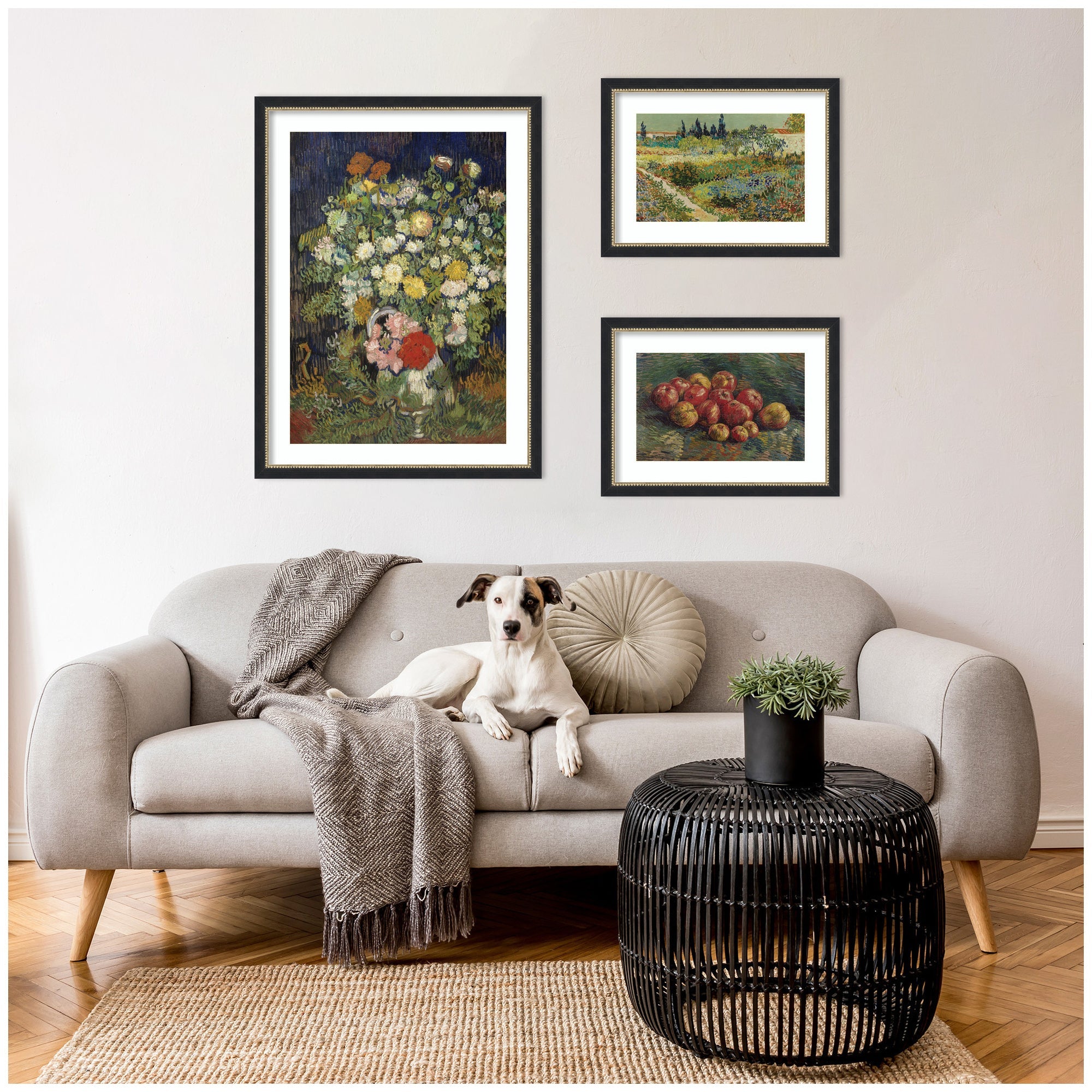 Apples 1887, Bouquet of Flowers in a Vase 1890, & Garden at Arles by Vincent Van Gogh 3 Piece Framed Wall Art Print Set