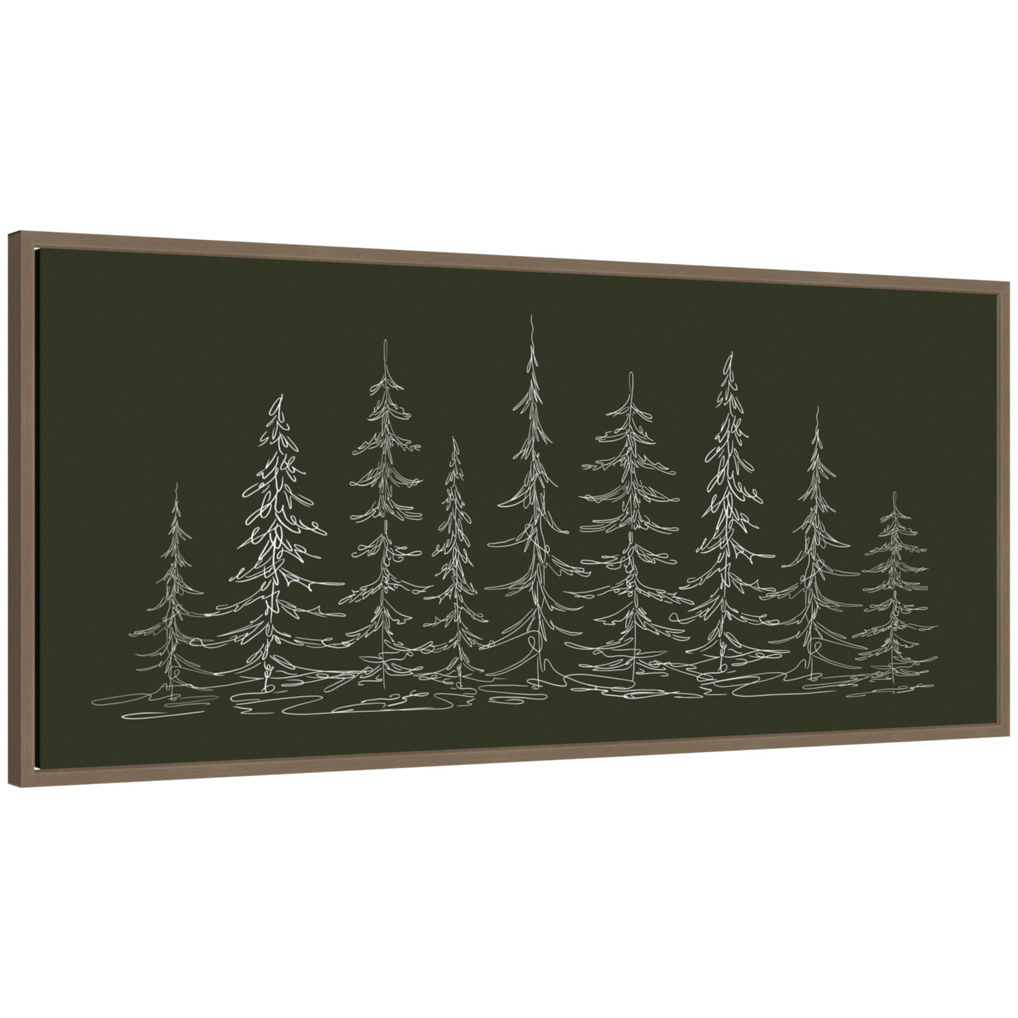 Framed minimalist sketch of evergreen trees on a dark background by The Creative Bunch Studio