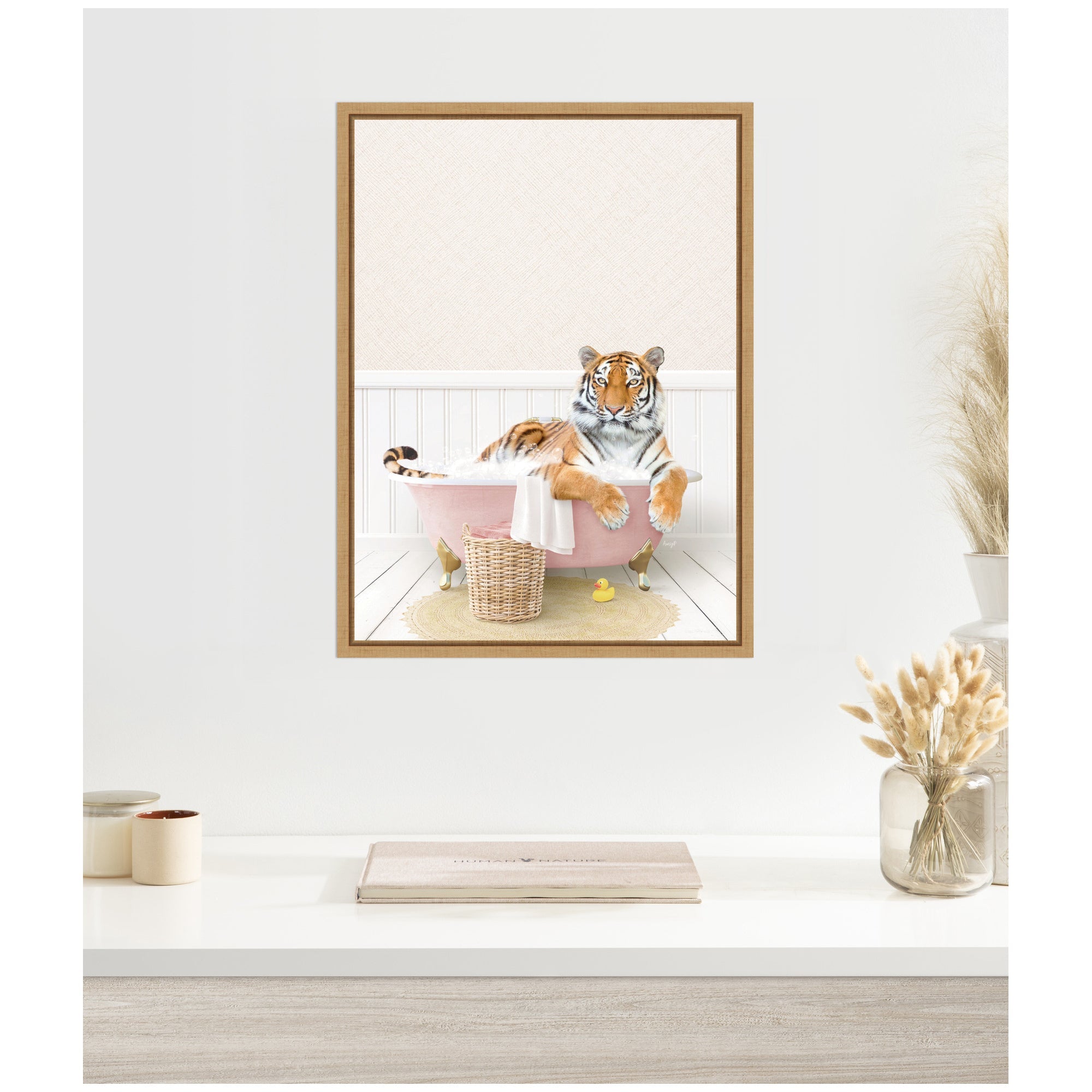 Sylvie Tiger in Cottage Pink Bath Framed Canvas