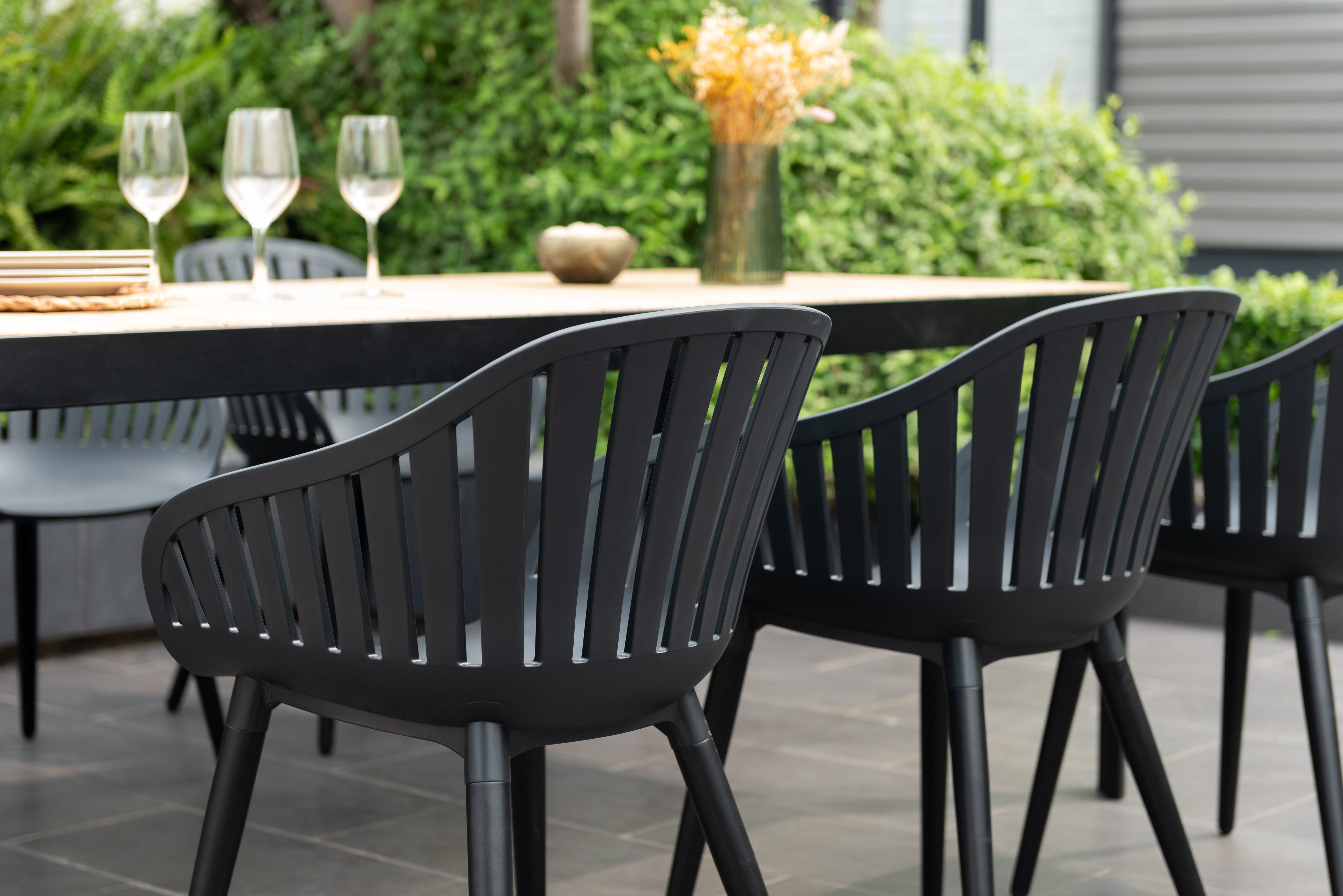 Portals Dark Rectangular Teak Table and 6 Nassau Black Aluminum Dining by LifestyleGarden US - product image 3 for Resin Society