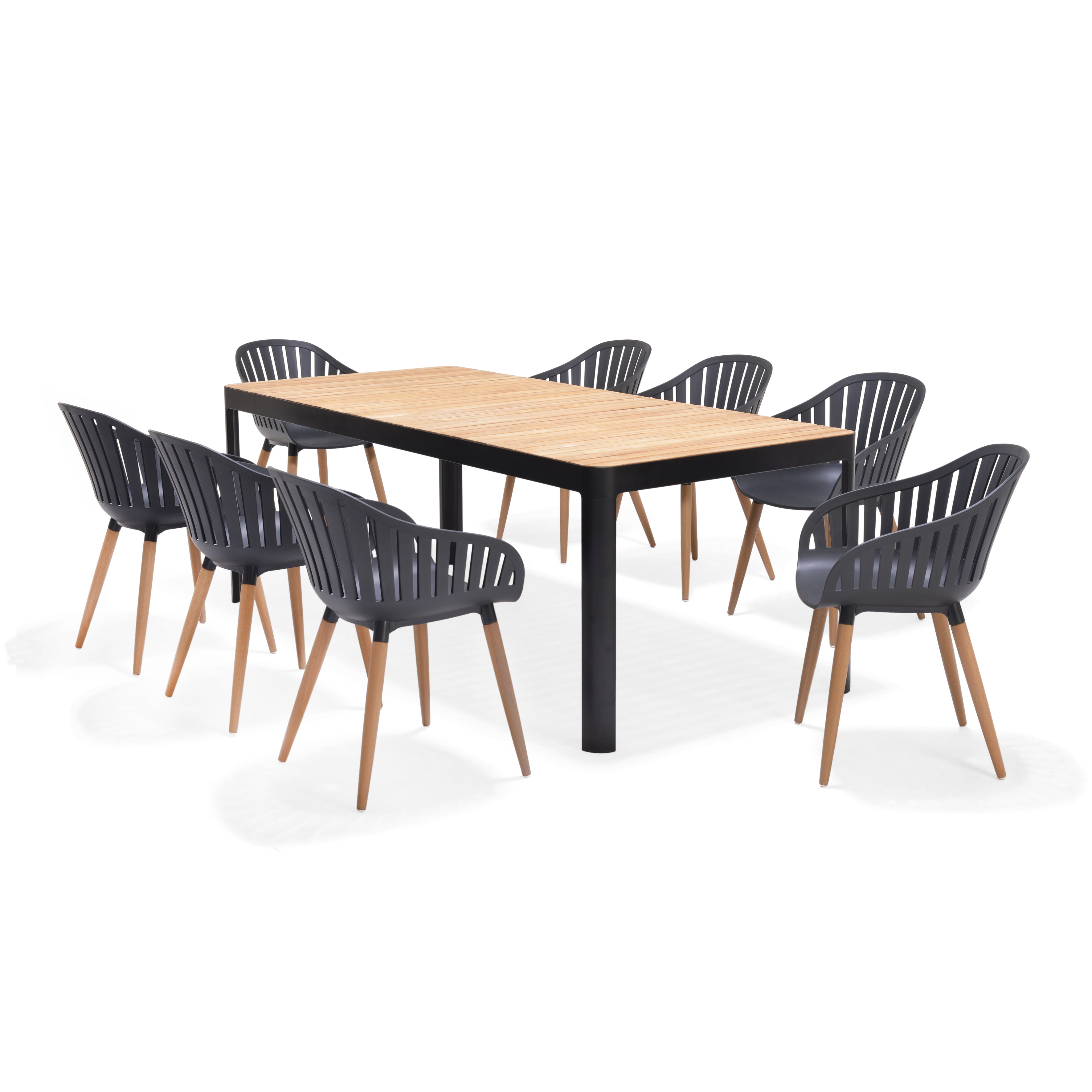 Portals Dark Rectangular Teak Table and 8 Nassau Black Dining Set by LifestyleGarden US - product image 2 for Resin Society