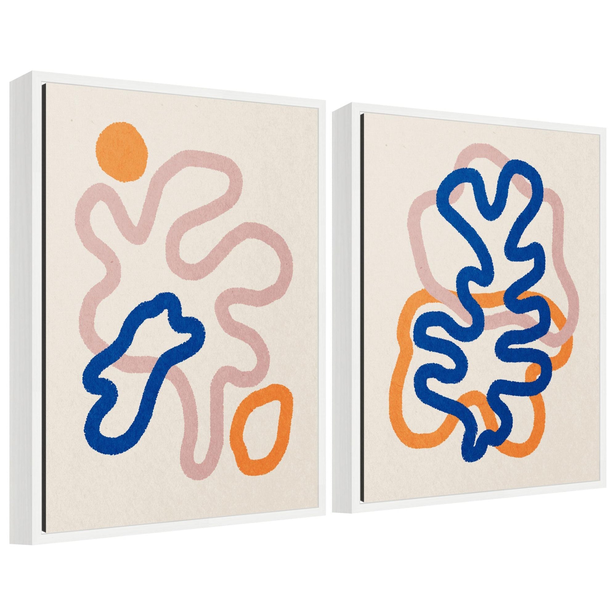 Sylvie Abstract Line Art 1 and 2 framed canvas prints with thin black line compositions on white backgrounds