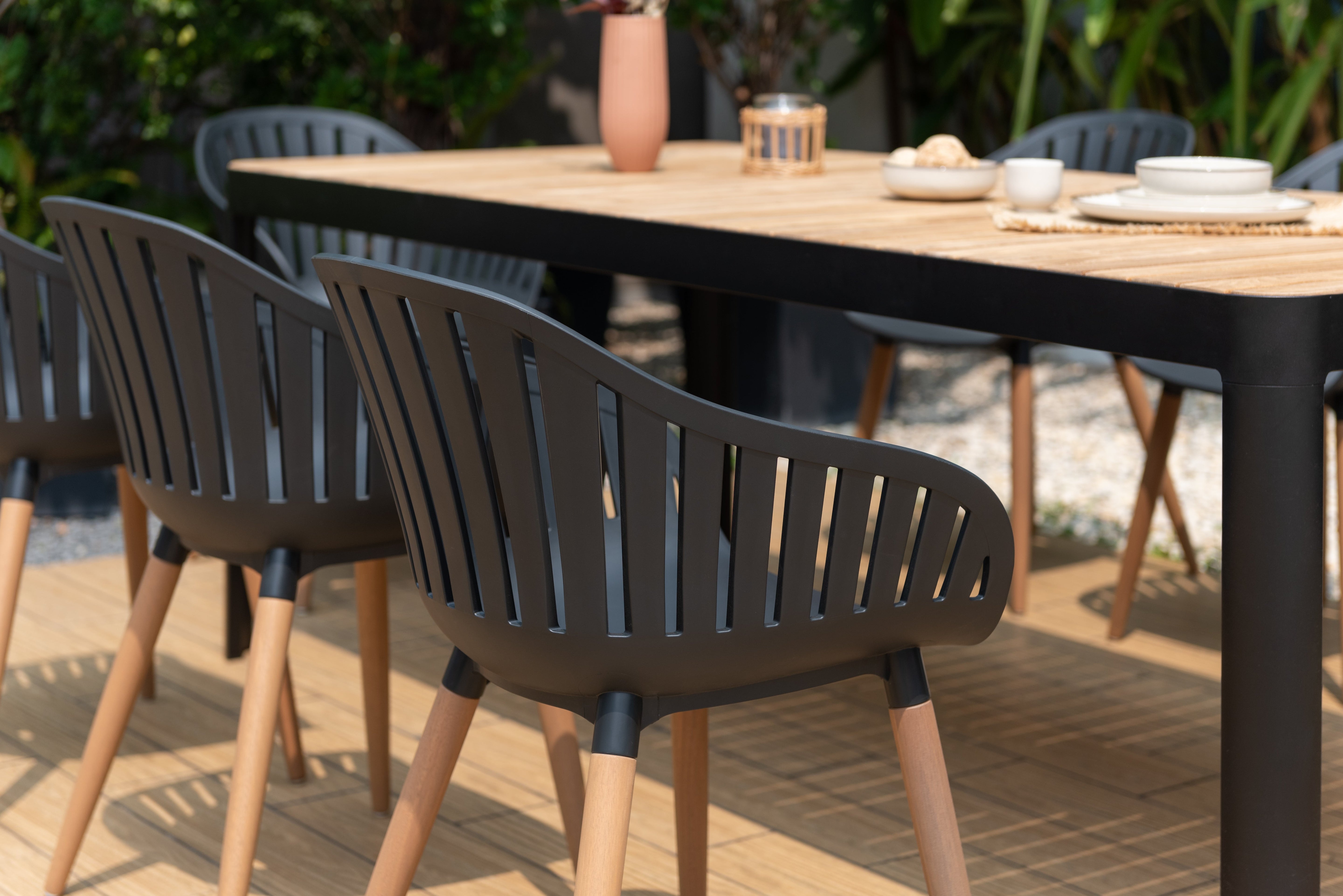 Portals Dark Rectangular Teak Table and 8 Nassau Black Dining Set by LifestyleGarden US - product image 4 for Resin Society