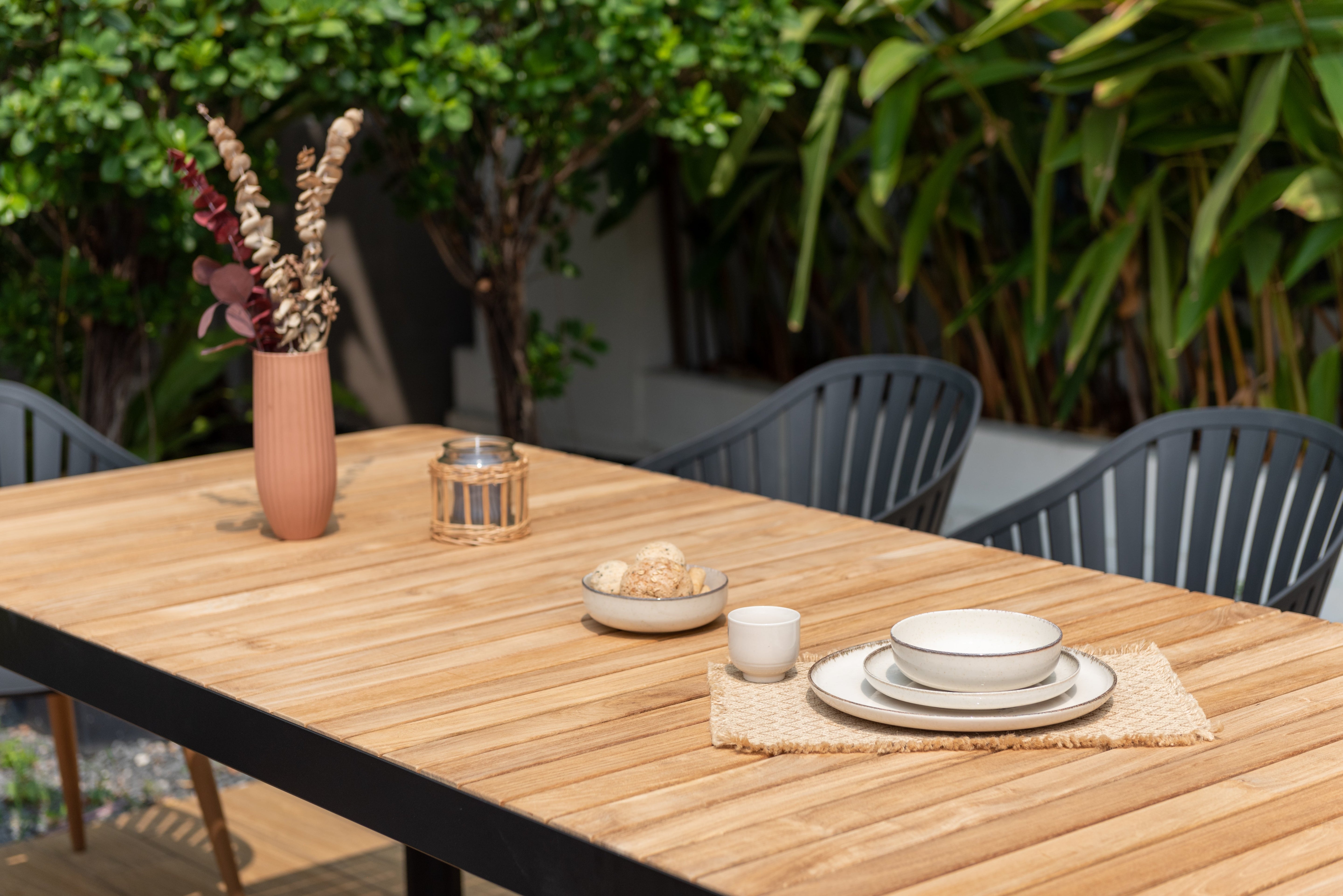 Portals Dark Rectangular Teak Table and 8 Nassau Black Dining Set by LifestyleGarden US - product image 5 for Resin Society