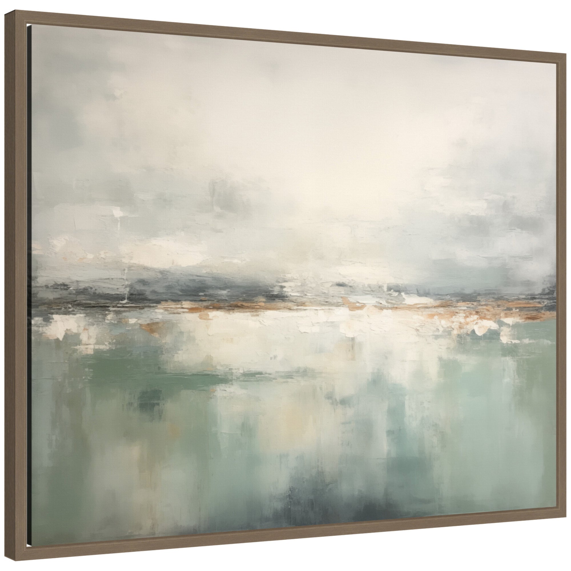 Subtle Abstract Gray Green Horizon framed canvas wall art print featuring soft gray and green abstract horizon layered on canvas in Sylvie frame.