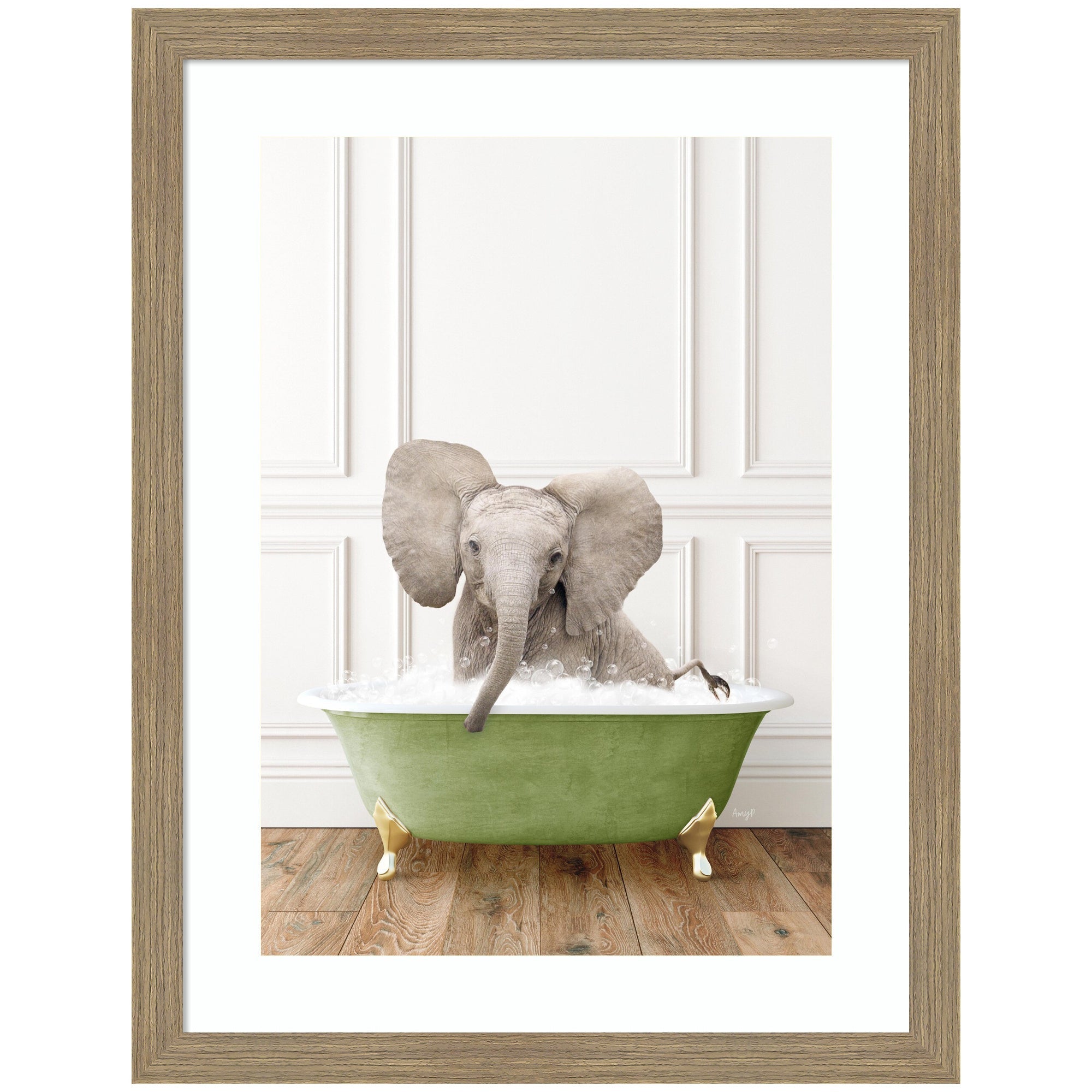 Framed wall art print titled Baby Elephant in Transitional Bathtub by Amy Peterson featuring an elephant in a tub, set in a designer moulding frame
