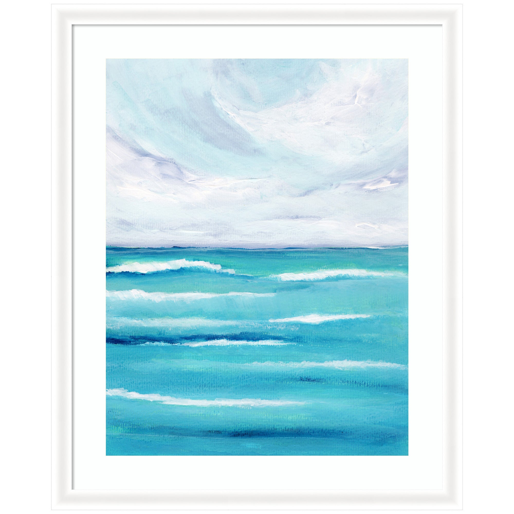 Framed art print titled 'Evening Ocean Waves' depicting turquoise ocean waves and cloudy sky in Oliver White Narrow frame.