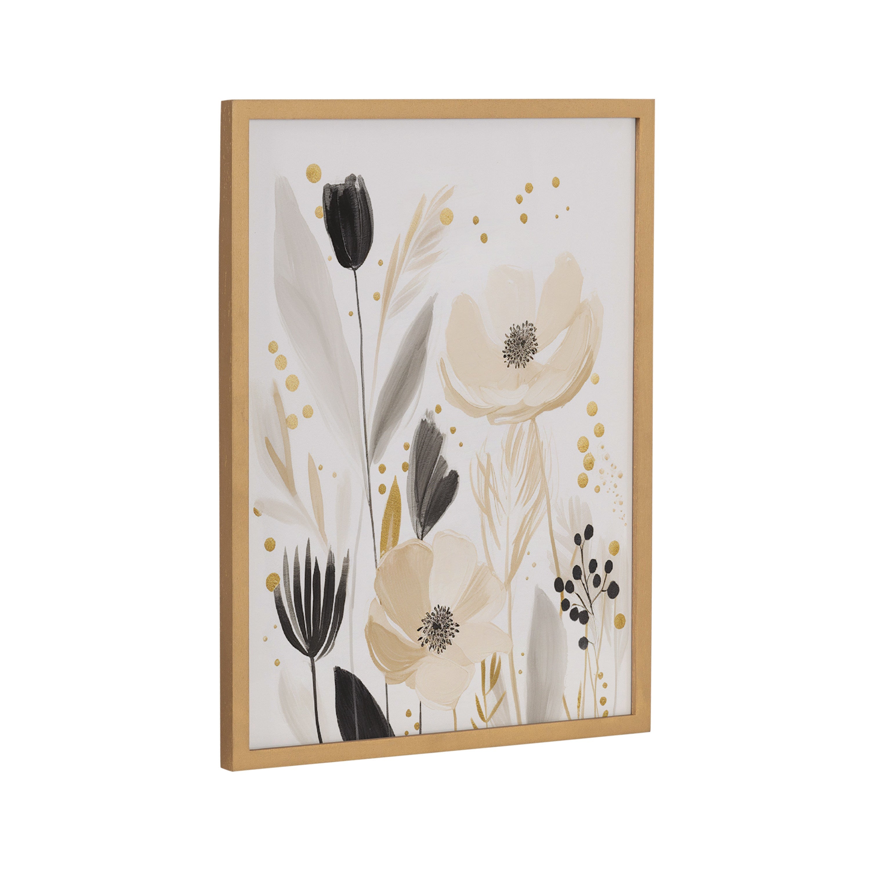 Framed floral abstract print with muted tones and solid wood gallery frame in natural color