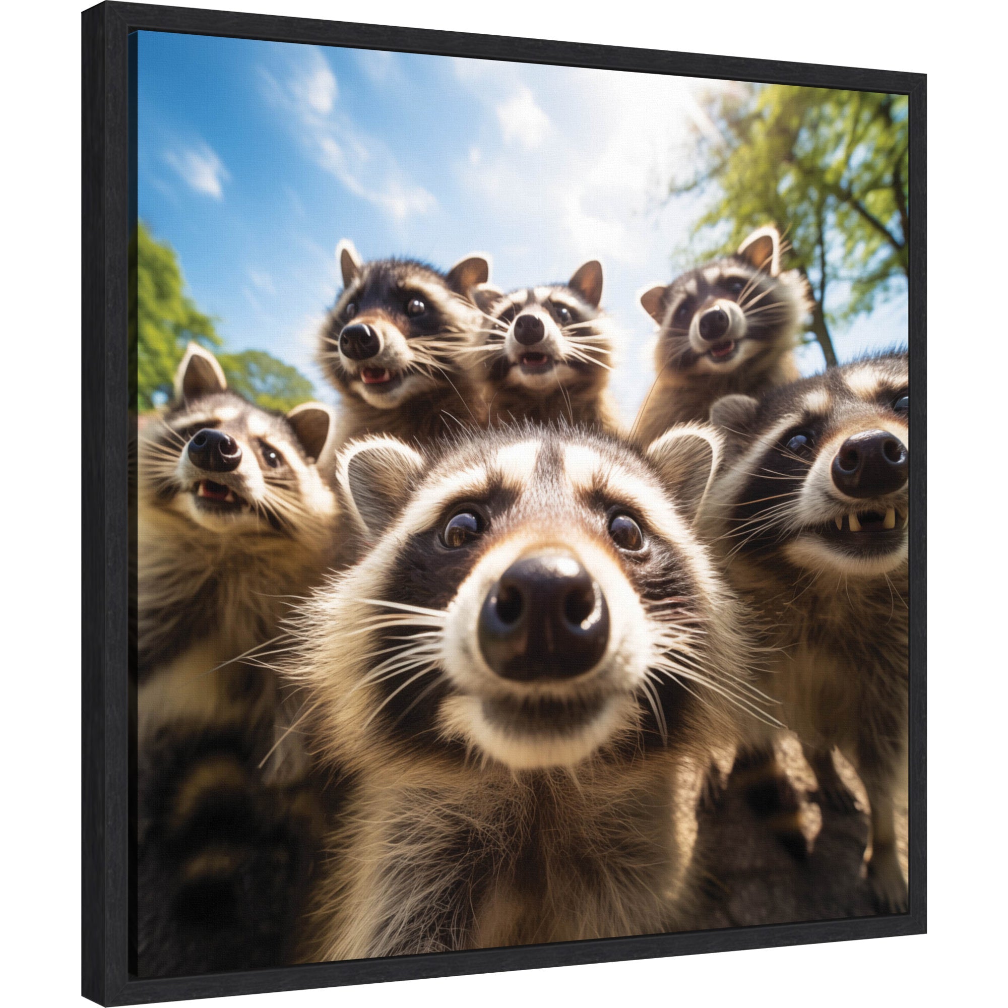 Framed canvas art of a raccoon taking a selfie, with a black lightweight polystyrene frame