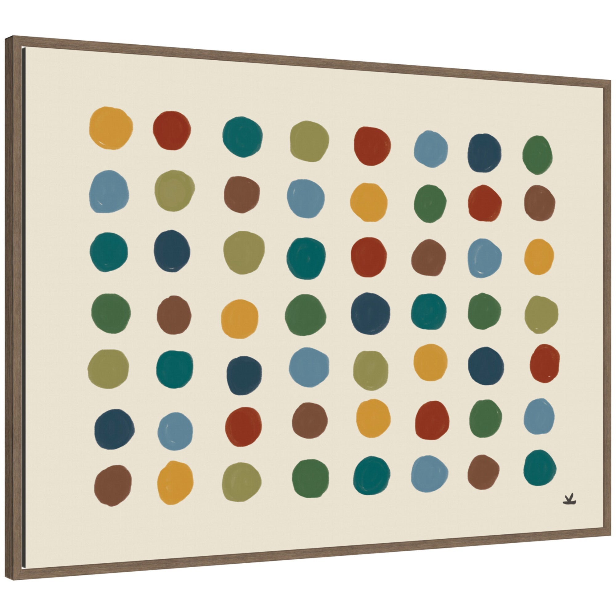 Meditation No.
3b by Kelly Knaga framed canvas wall art showing a grid of colored circles in a walnut woodgrain float frame