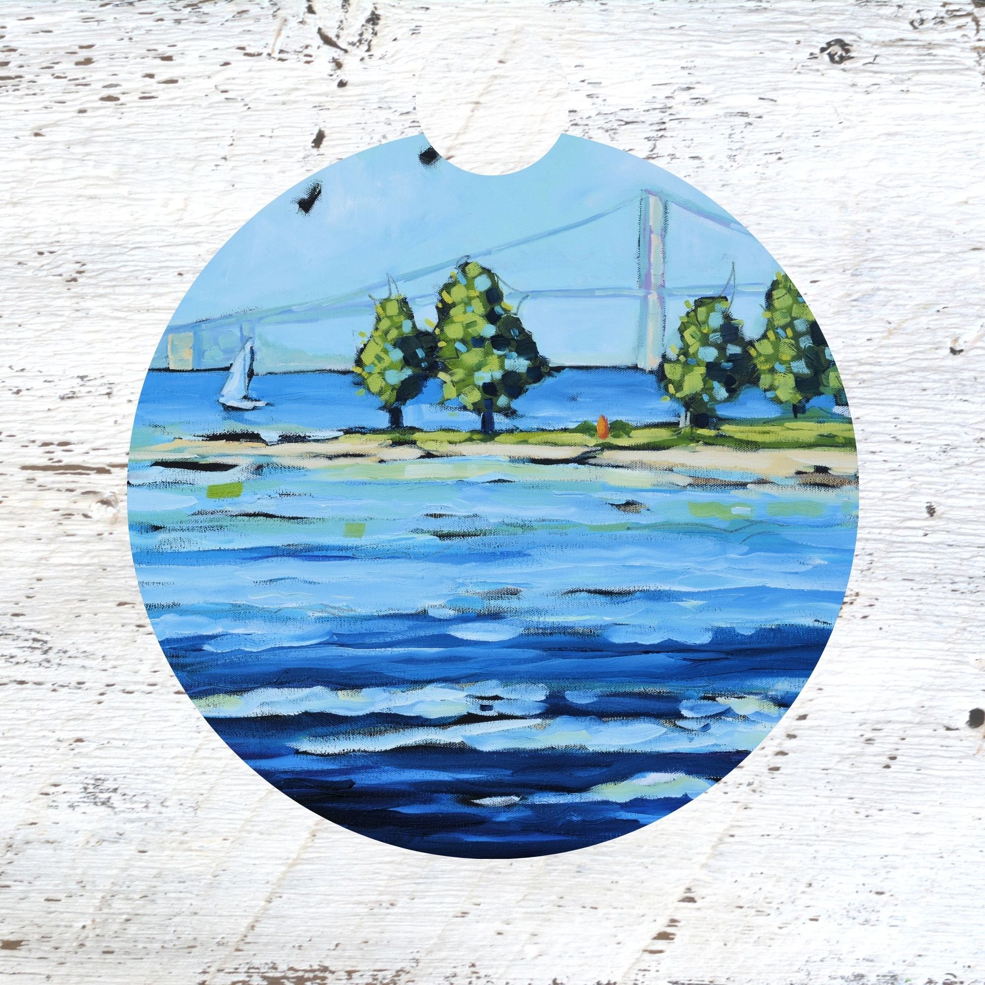 Car Coaster: Sailing at Mackinac Bridge - Mackinac Island. Artist Christi Dreese by Dreese Fine Art - Resin Society