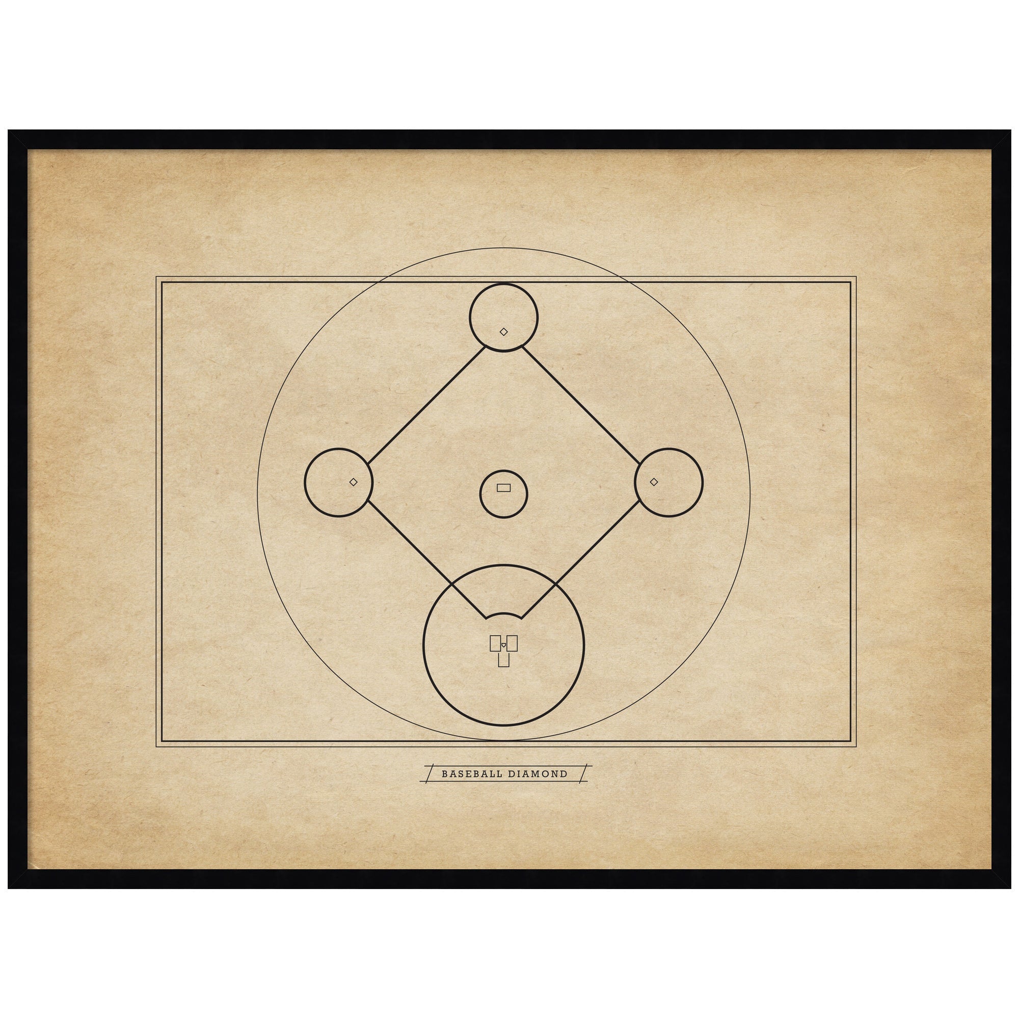 Framed vintage baseball diamond diagram print in black designer moulding on wall