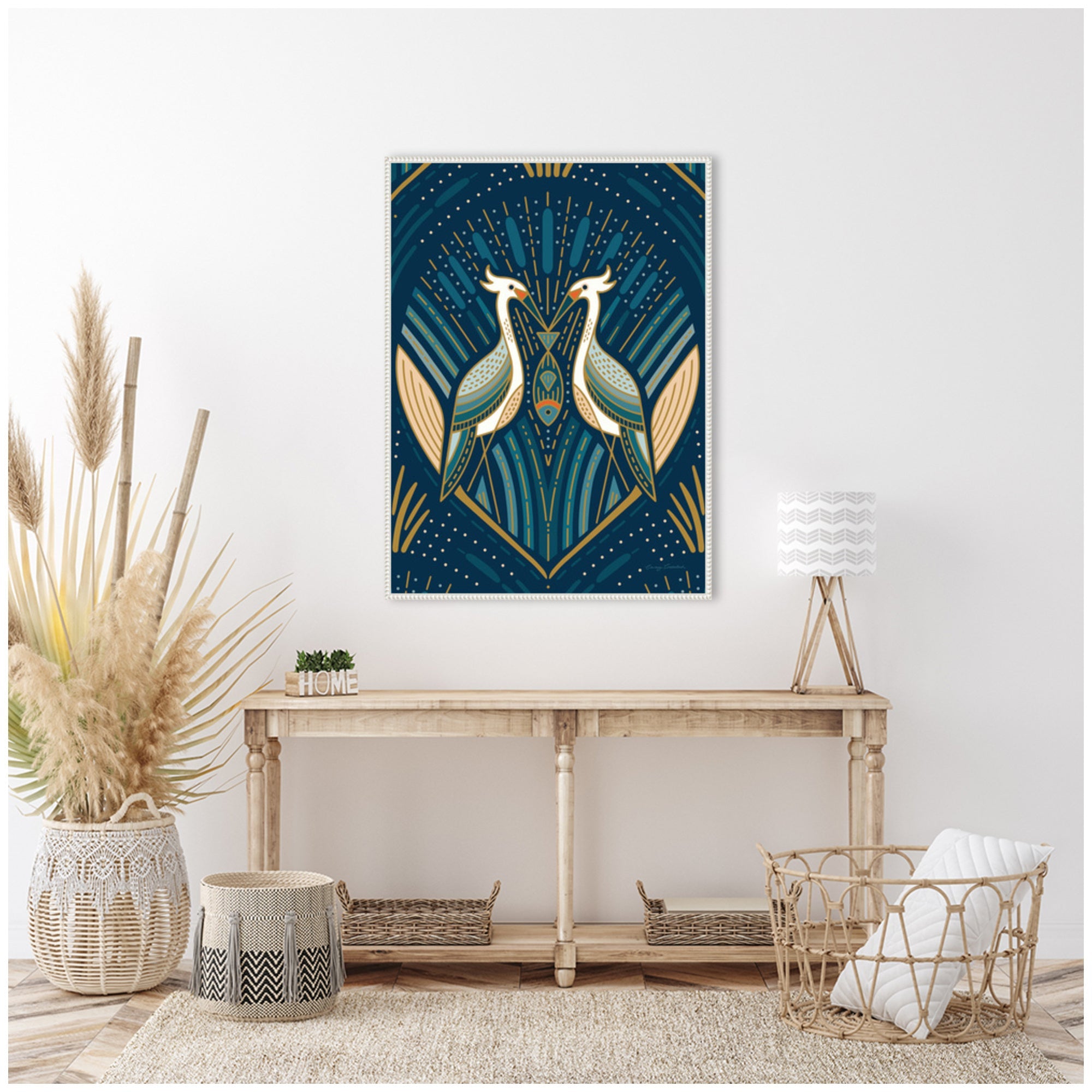 Sylvie Art Deco Herons Blue Framed Canvas by Carey Copeland