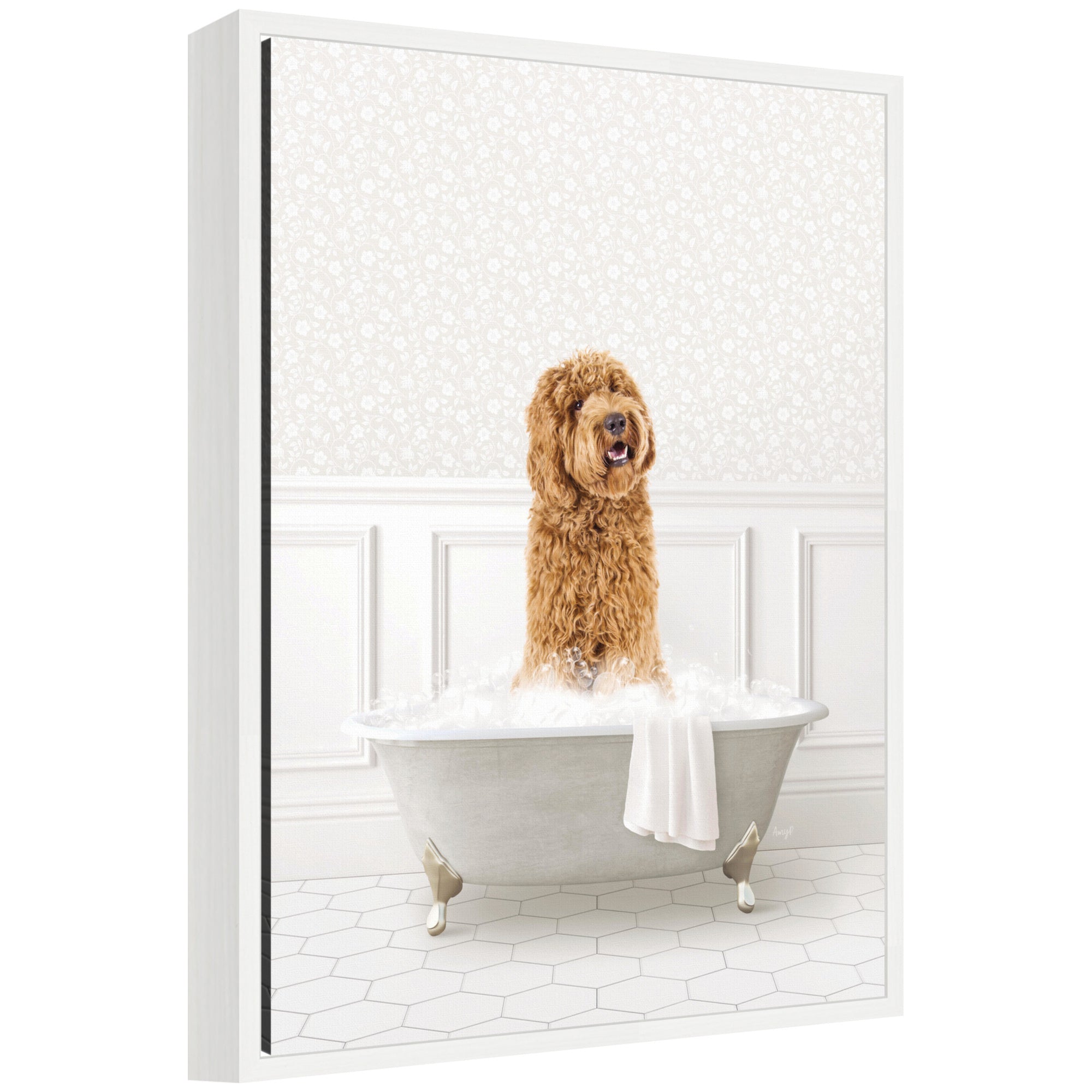 Framed canvas art depicting Sylvie the Golden Doodle sitting in a white bathtub, surrounded by a modern lightweight frame.