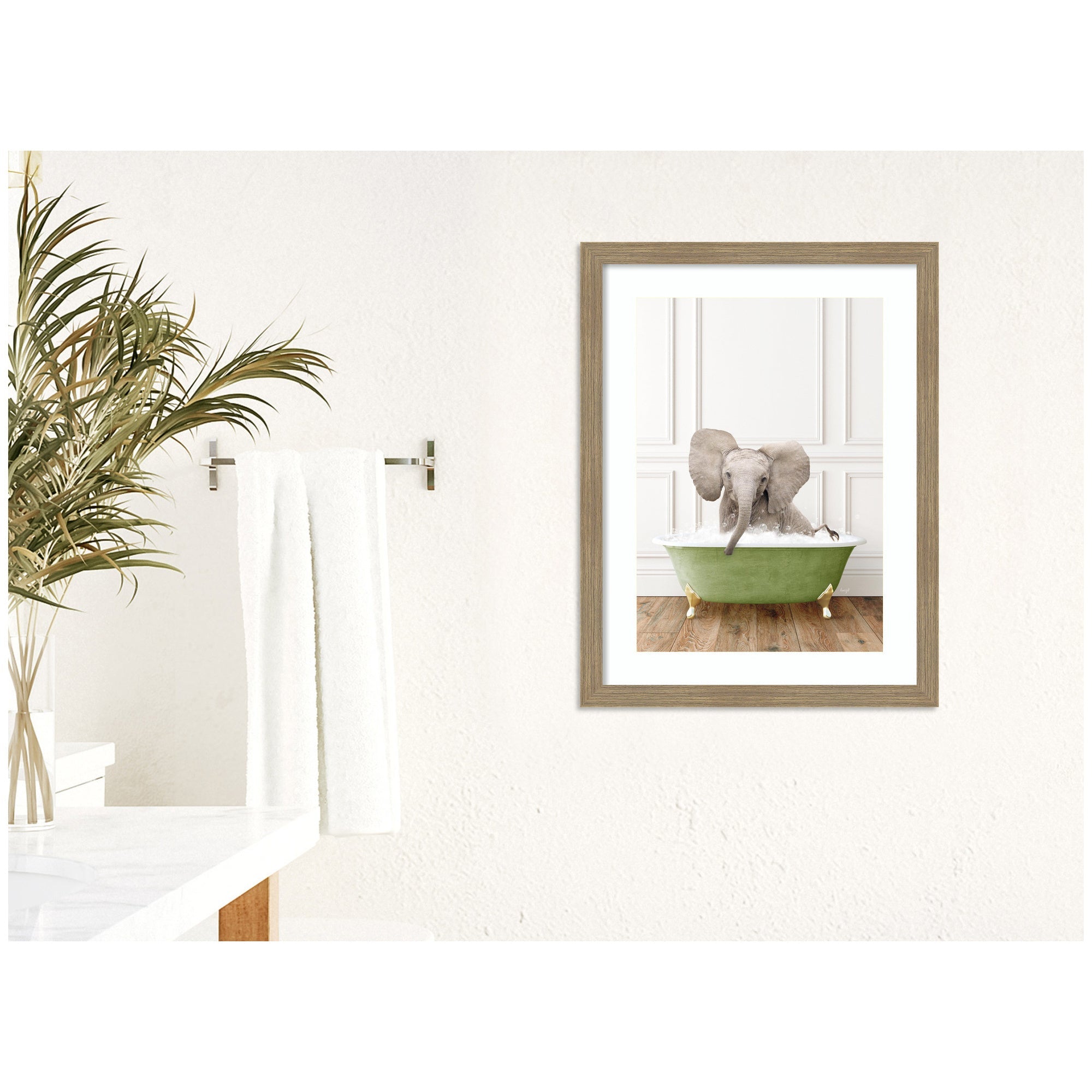 Baby Elephant in Transitional Bathtub by Amy Peterson Framed Wall Art Print