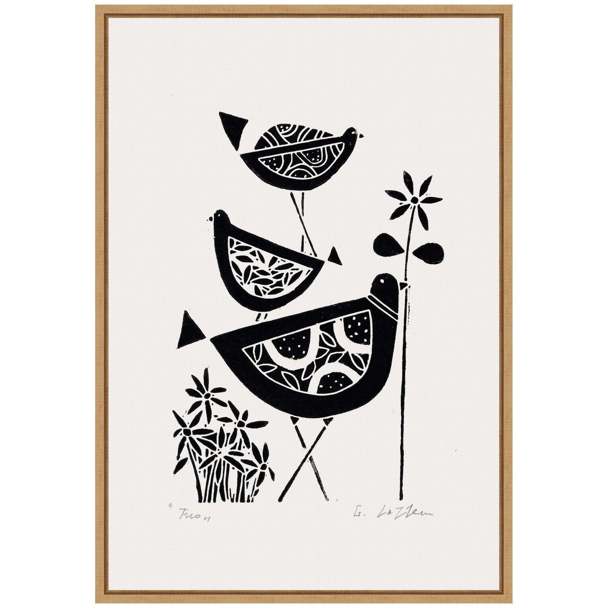 Sylvie Folk Bird Family Trio Linocut Framed Canvas by Giuliana Lazzerini