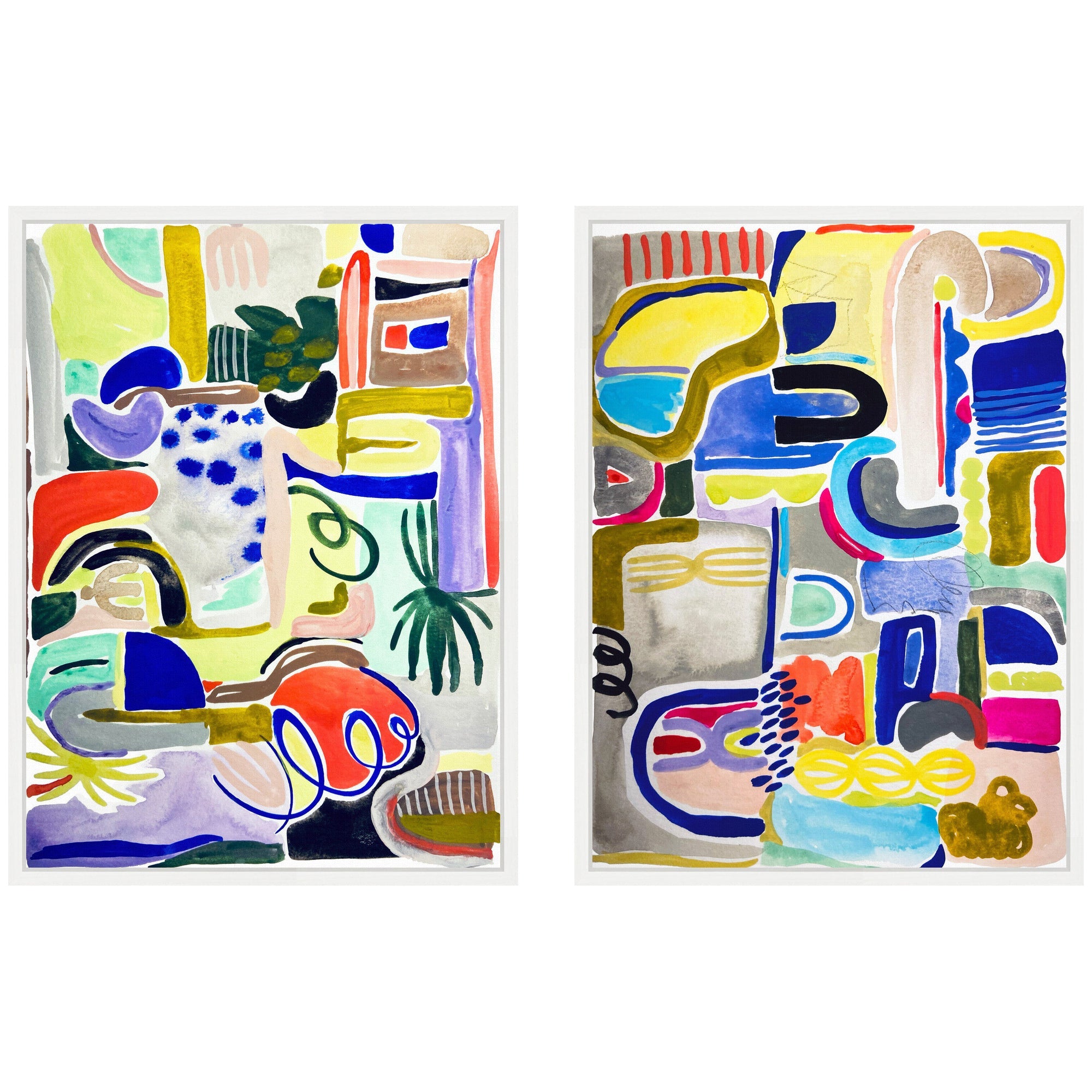 Sylvie Colorful Abstract 6 and 7 framed abstract canvas art set by Emma Daisy, showcasing vibrant mixed color shapes in modern polystyrene frames