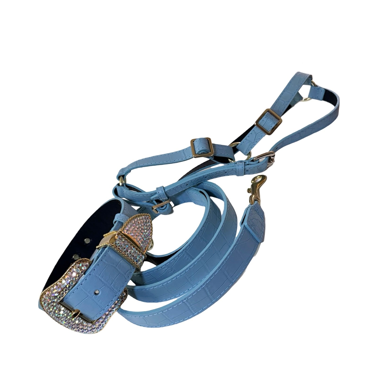 La Jolla Collar, Leash, Harness Set in matte baby blue embossed croc Italian leather with Swarovski Crystal hardware