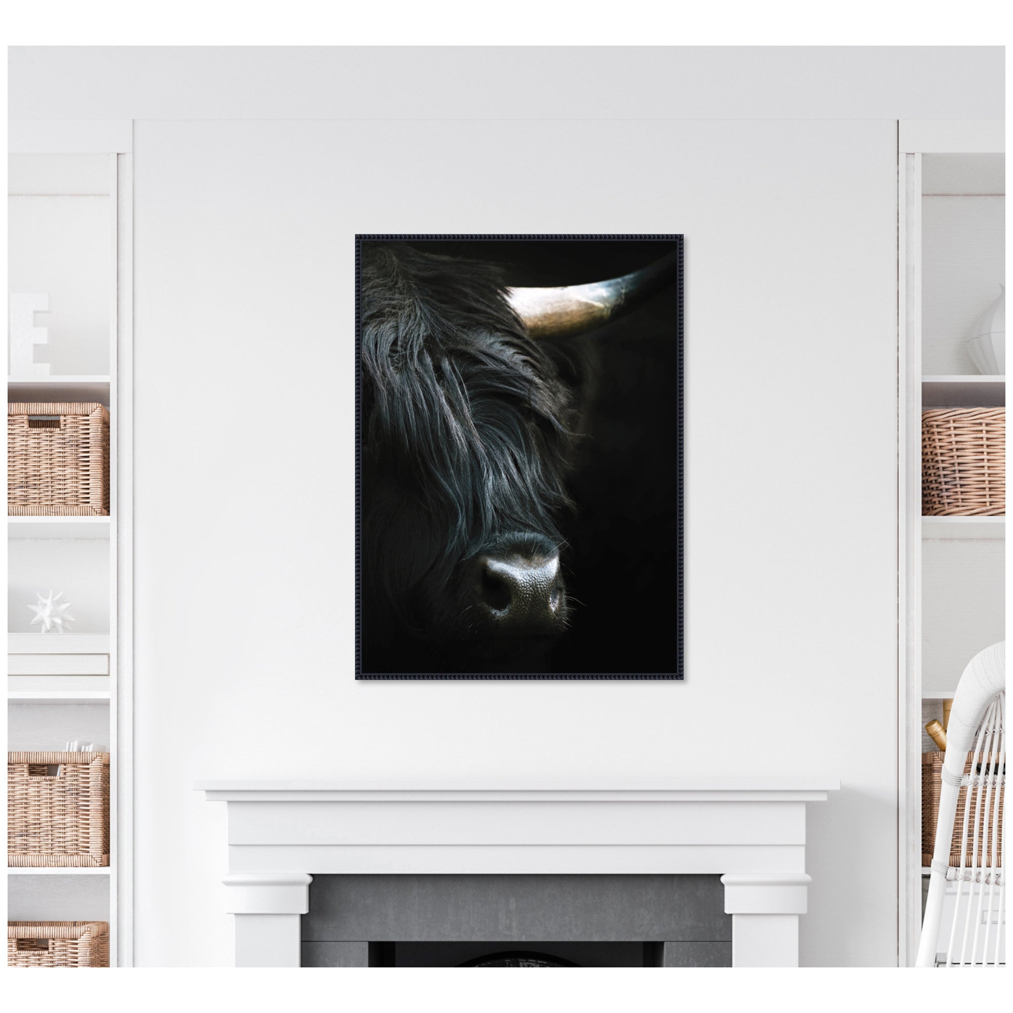 Minimalist Black Highland Cow Closeby Michael Schauer Framed Canvas Wall Art Print