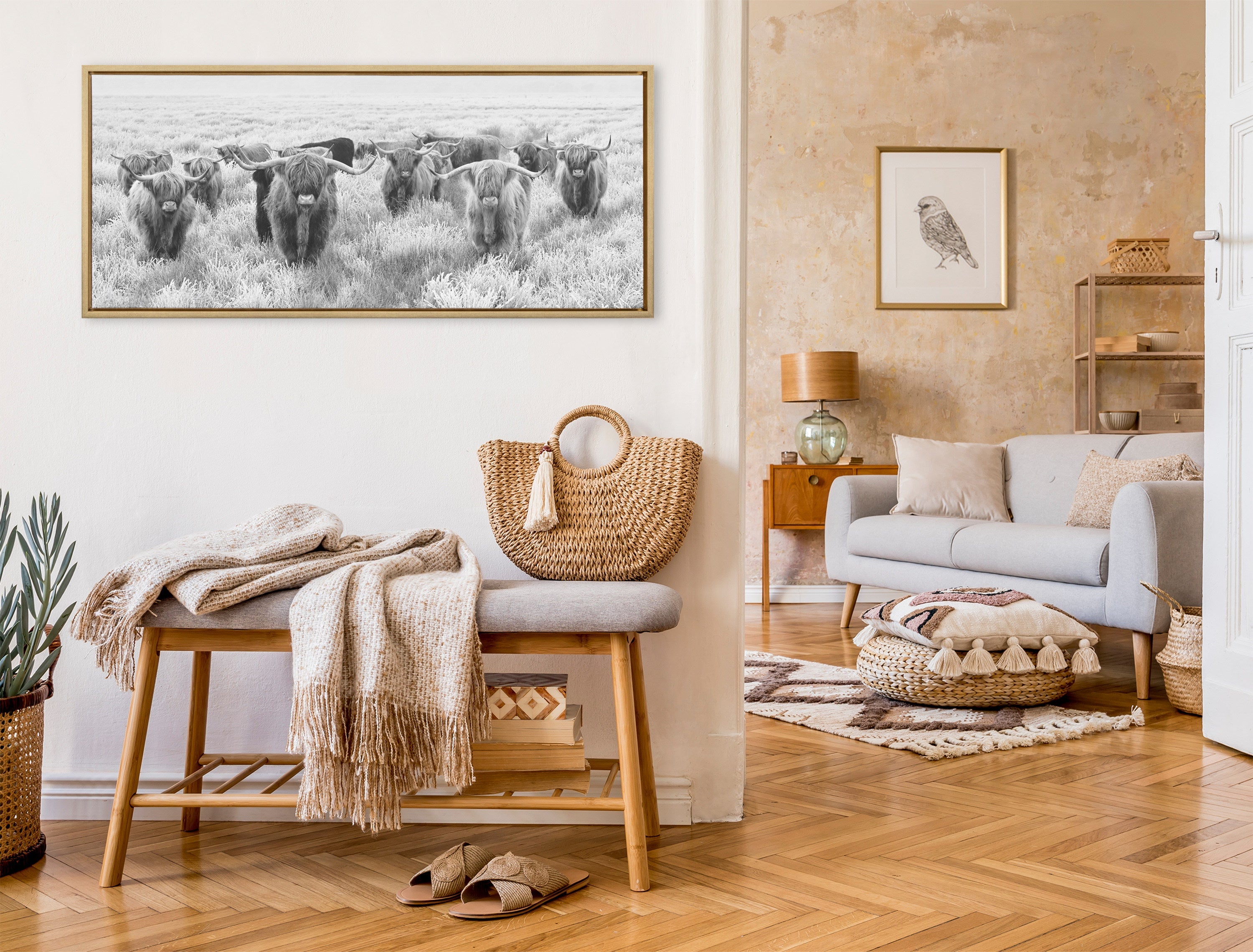 Sylvie Herd of Highland Cows Black and White Framed Canvas by The
