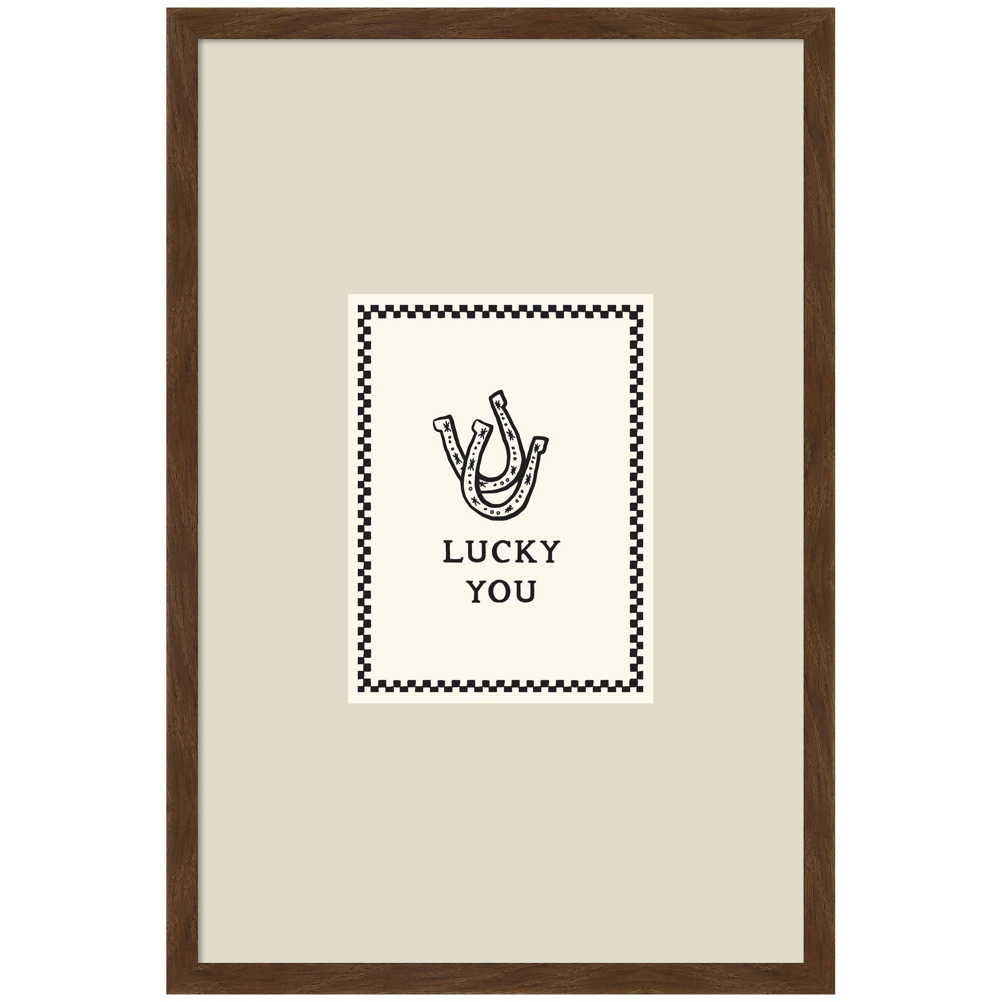 Framed Lucky You Checkerboard Print with hand drawn western horseshoe art in Carlisle Brown Narrow frame