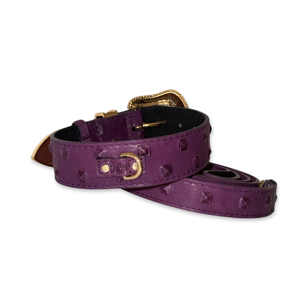 Glamorous Boysenberry Embossed Studded Italian Leather Swarovski Crystal Collar & Leash Set