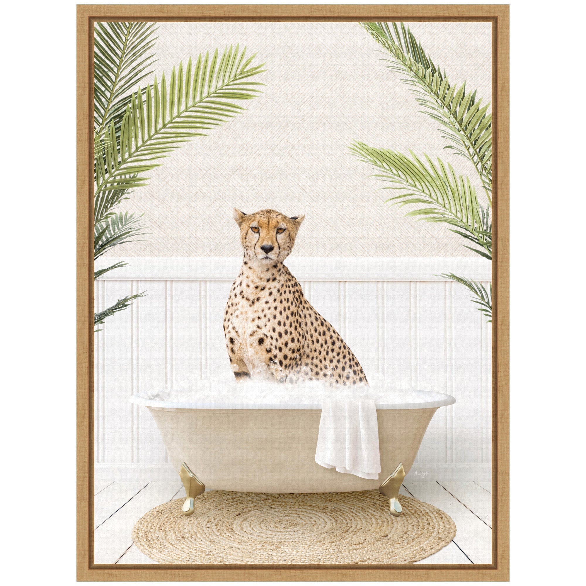 Sylvie Cheetah in Palms Bath Framed Canvas by Amy Peterson