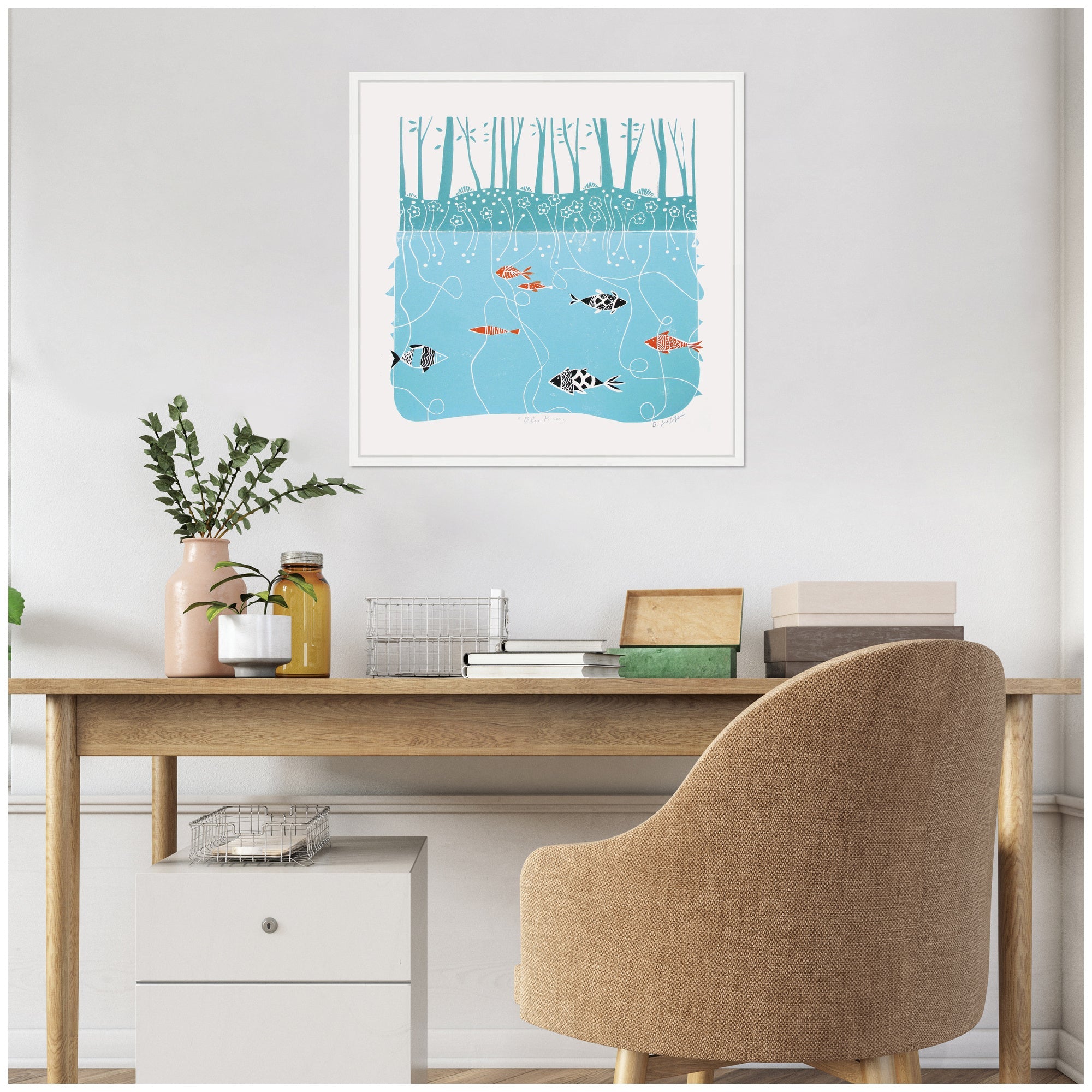 Sylvie Coastal Blue River Linocut Framed Canvas by Giuliana Lazzerini