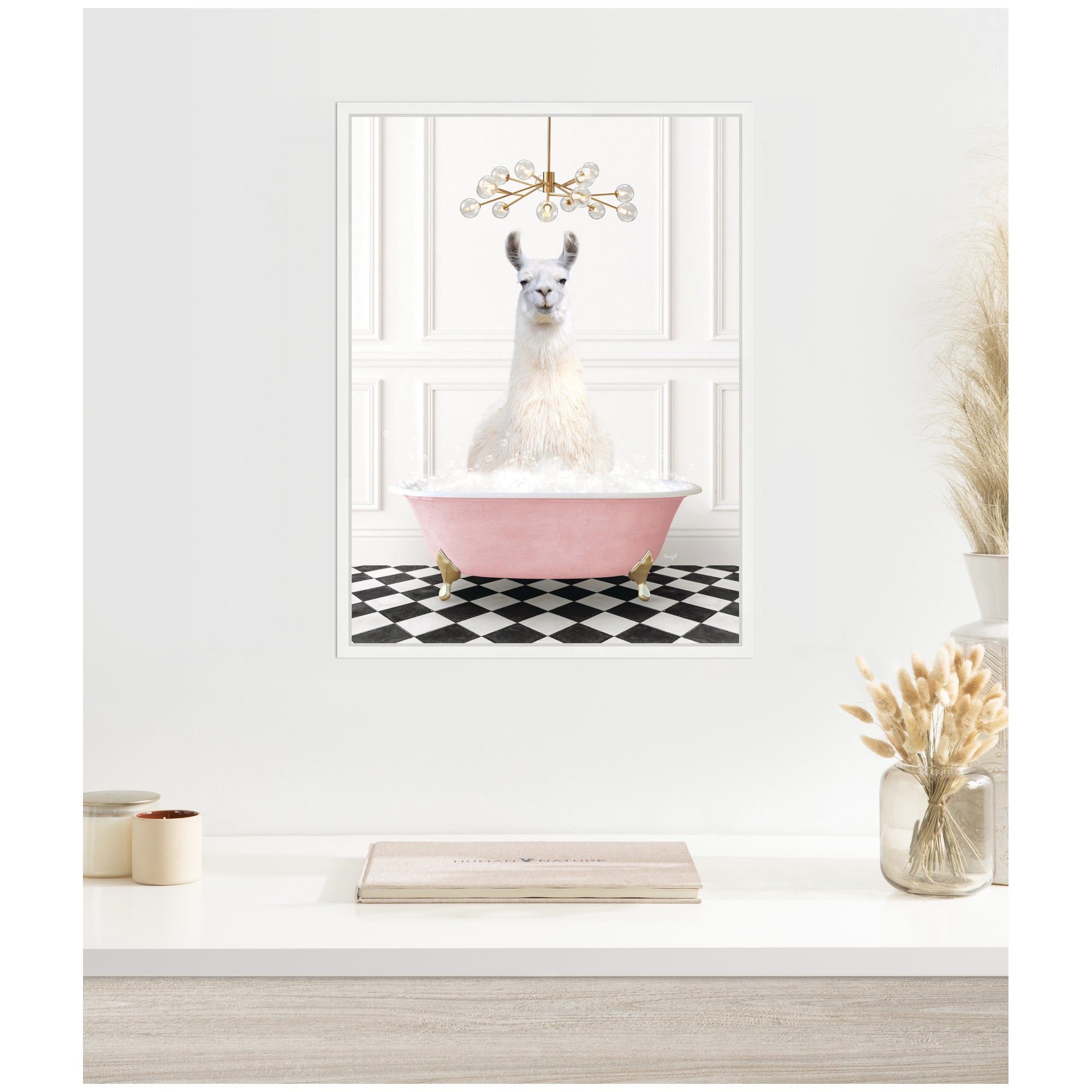 Sylvie Llama in Pink Bathtub on Checker Floor Framed Canvas by Amy Peterson