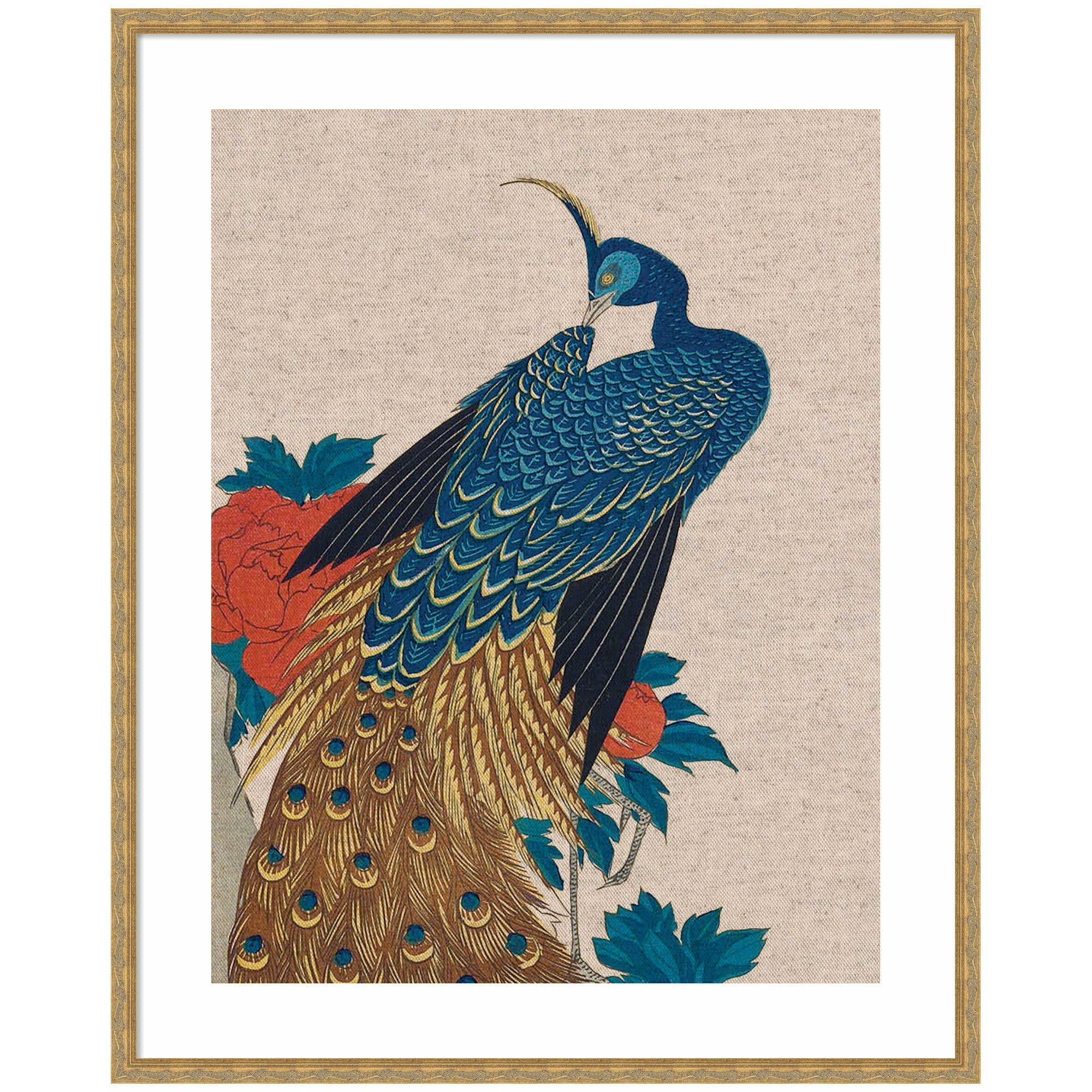 Framed art print of Peacock and Peonies 1840 by Utagawa Hiroshige with neutral linen vintage frame