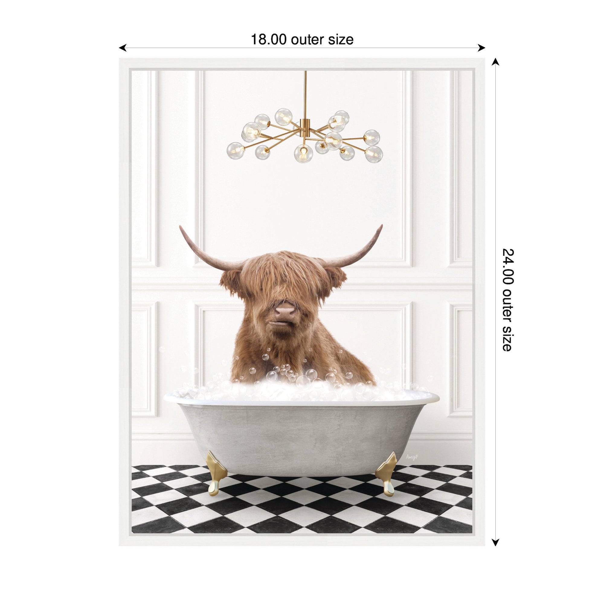 Sylvie Highland Cow in Gray Bathtub Checker Floor Framed Canvas by Amy Peterson