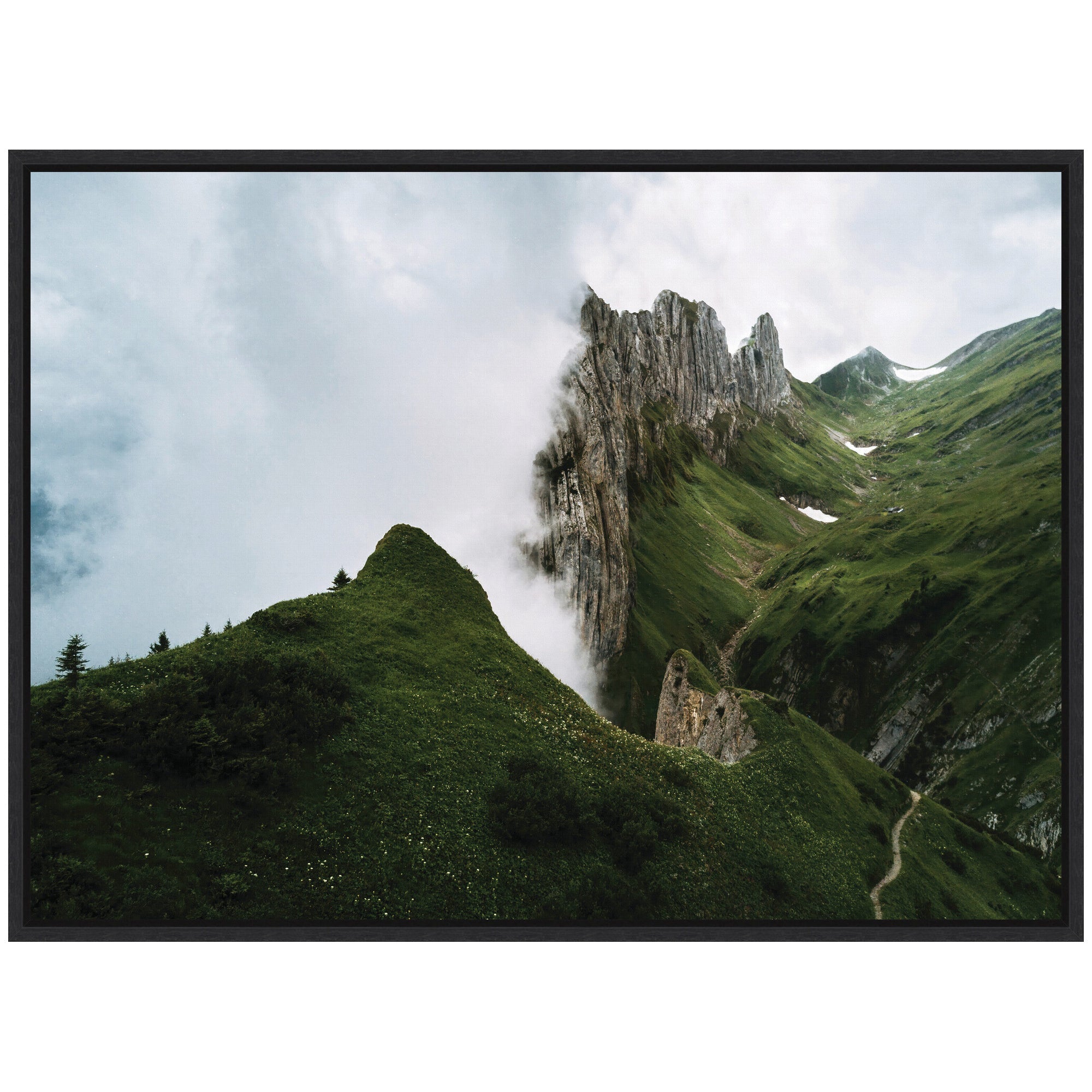 Sylvie Mountain Ridge and Green Meadow on a Cloudy Day Framed Canvas by Michael Schauer