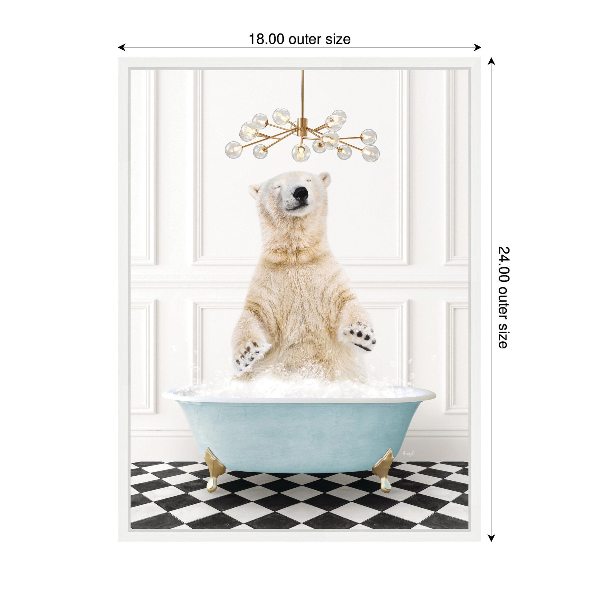 Sylvie Polar Bear in Blue Bathtub on Checker Floor Framed Canvas by Amy Peterson