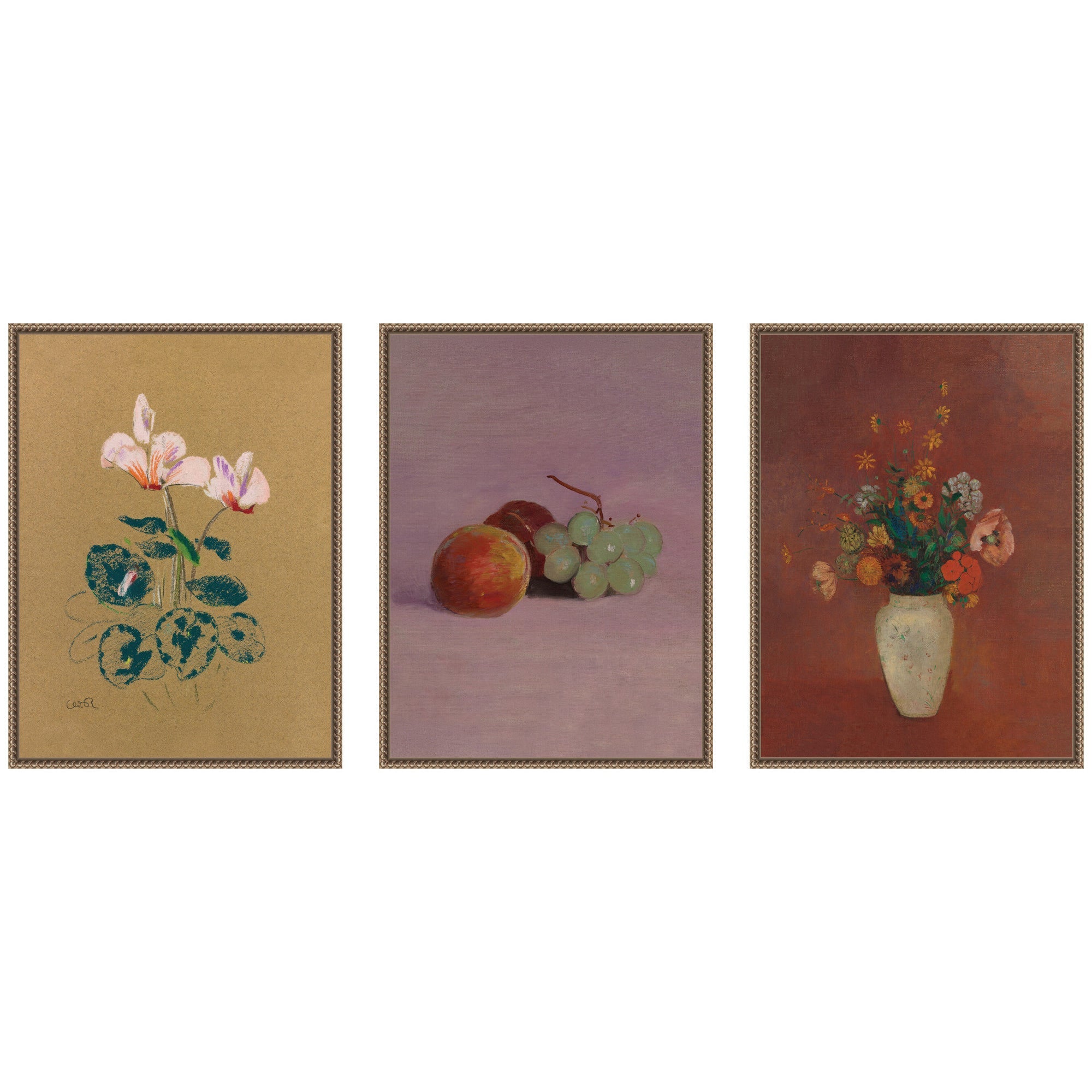 Three framed canvas pieces of Cyclamen, Still Life with Fruit, and Bouquet in a Chinese Vase artwork by Nostalgia Prints
