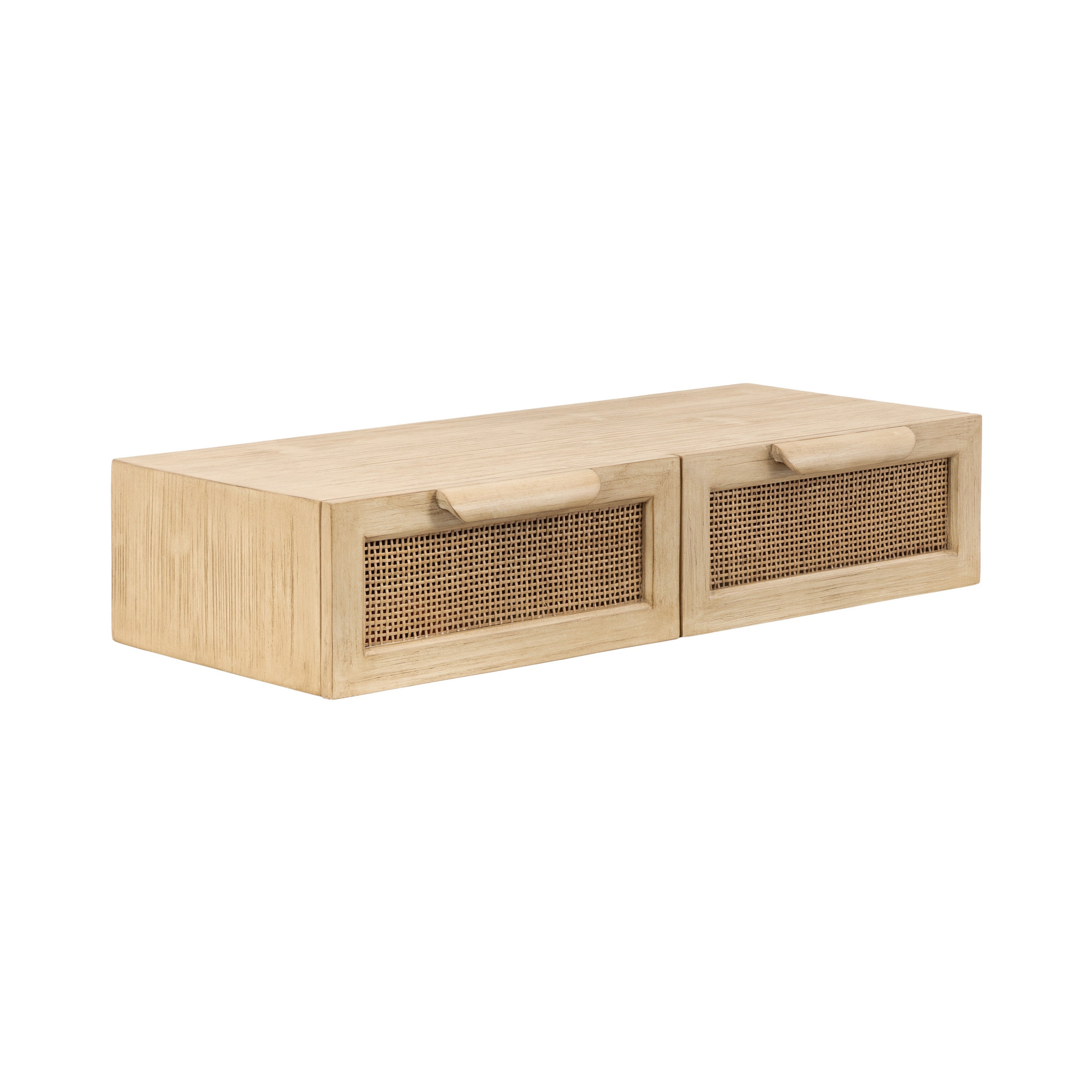 Ori Floating Console Rattan mounted on a wall with two rattan drawers and decorative objects on top