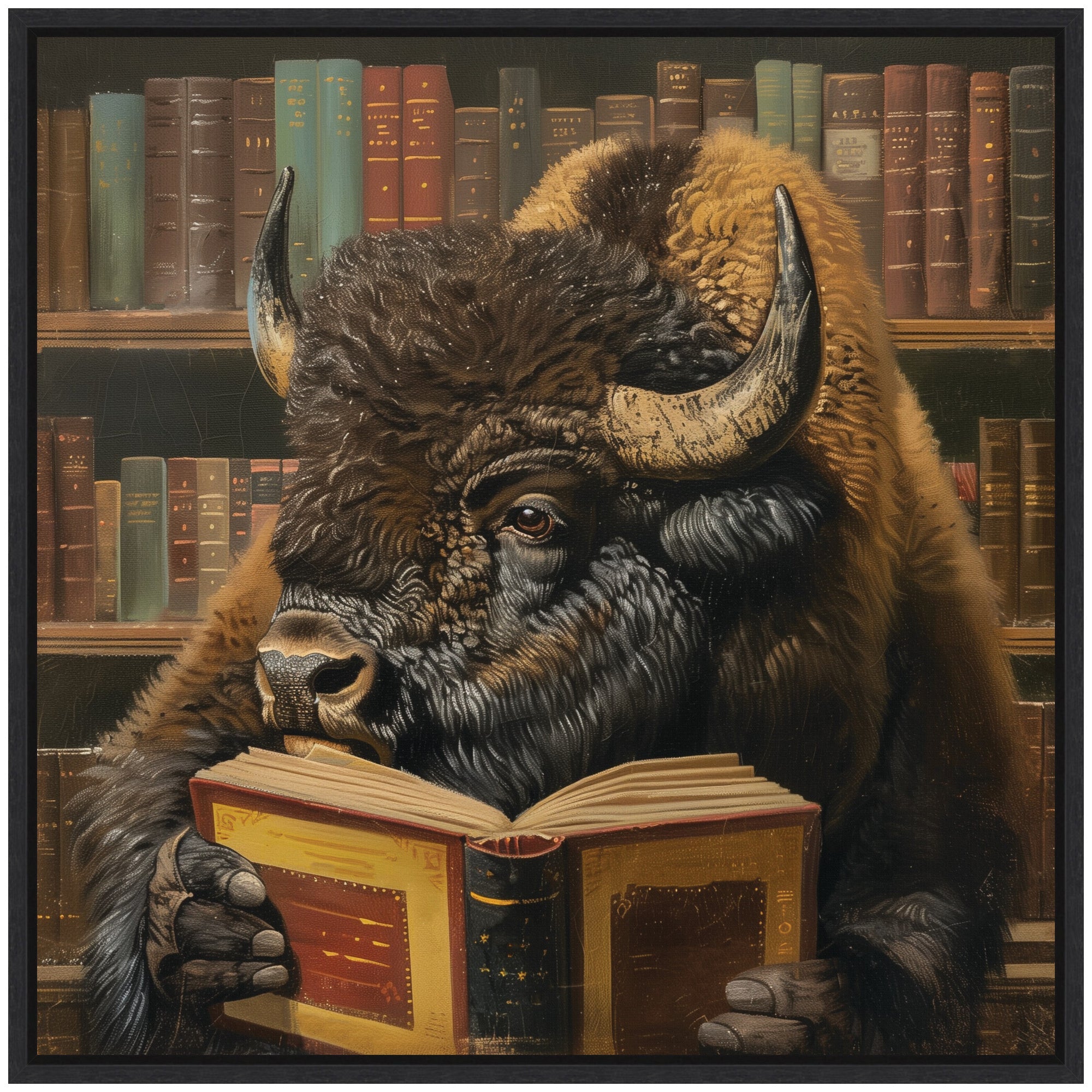 Sylvie Traditional Buffalo Reading in Library Framed Canvas by The Creative Bunch Studio