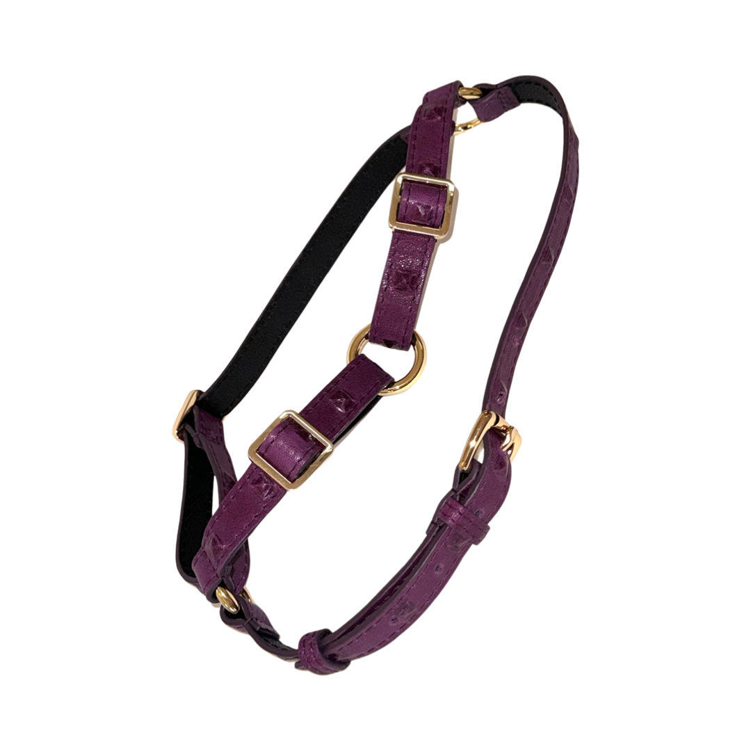 Boysenberry embossed studded Italian leather dog harness on neutral background