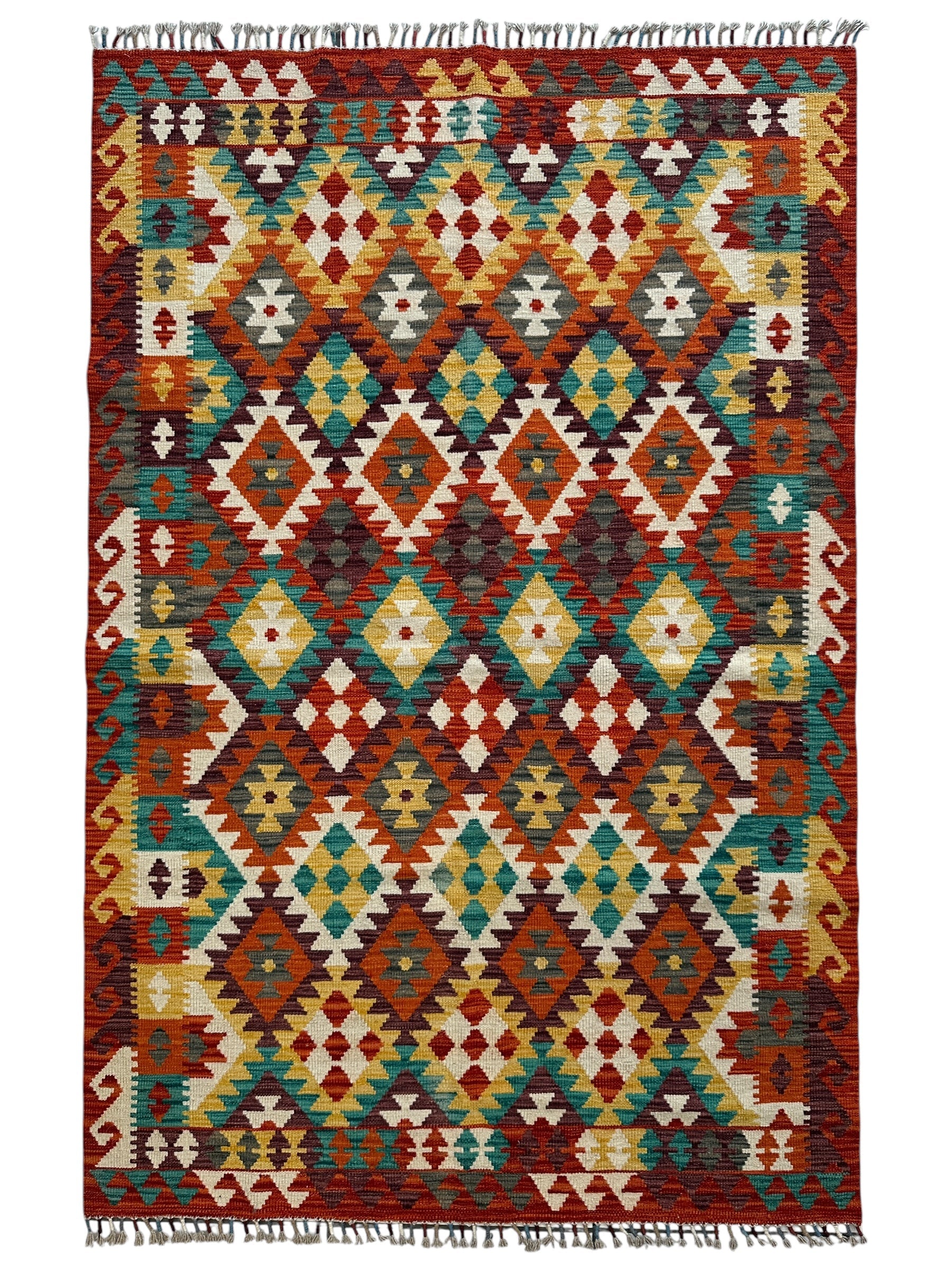 Afghani Maimana Kilim Wool Rug unfolded on floor showing detailed traditional pattern in wool
