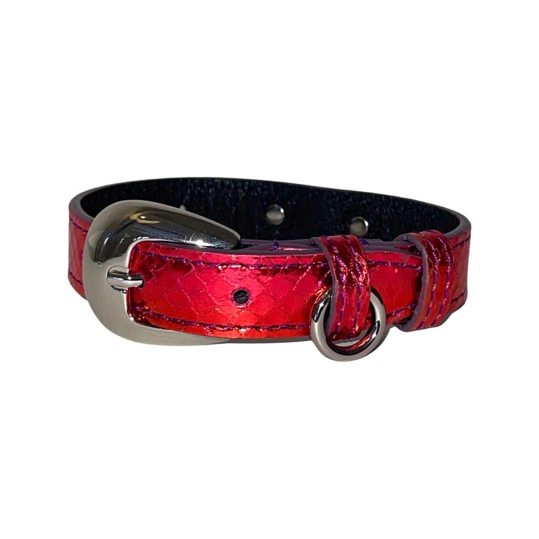 XS/S 7”-14” Ruby Red/Purple Custom Snake Collar/Custom Silver Oval