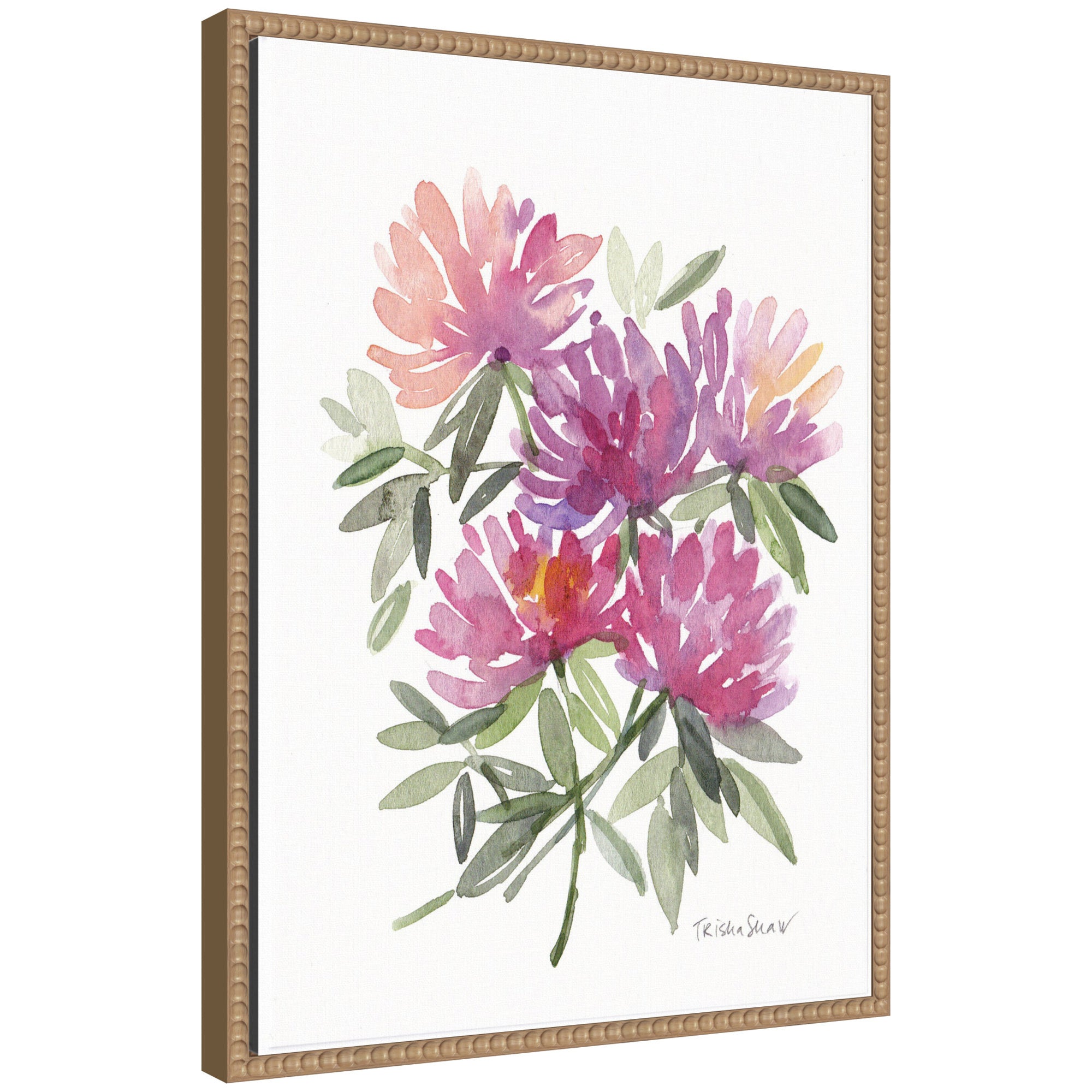 Framed Sylvie Abstract Watercolor Pink Floral canvas art featuring soft pink petals and leaves on a light background in a vintage beaded white frame.