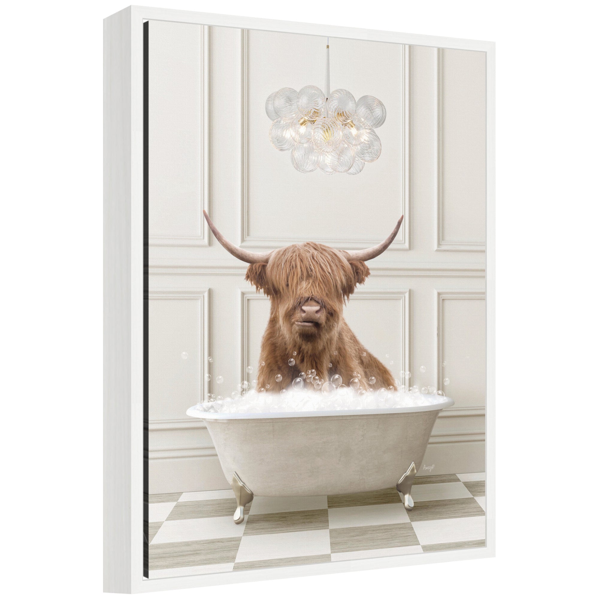 Framed canvas art showing a Highland cow reclining in a bathtub, titled Sylvie Highland Cow in Lux Bathtub by Amy Peterson