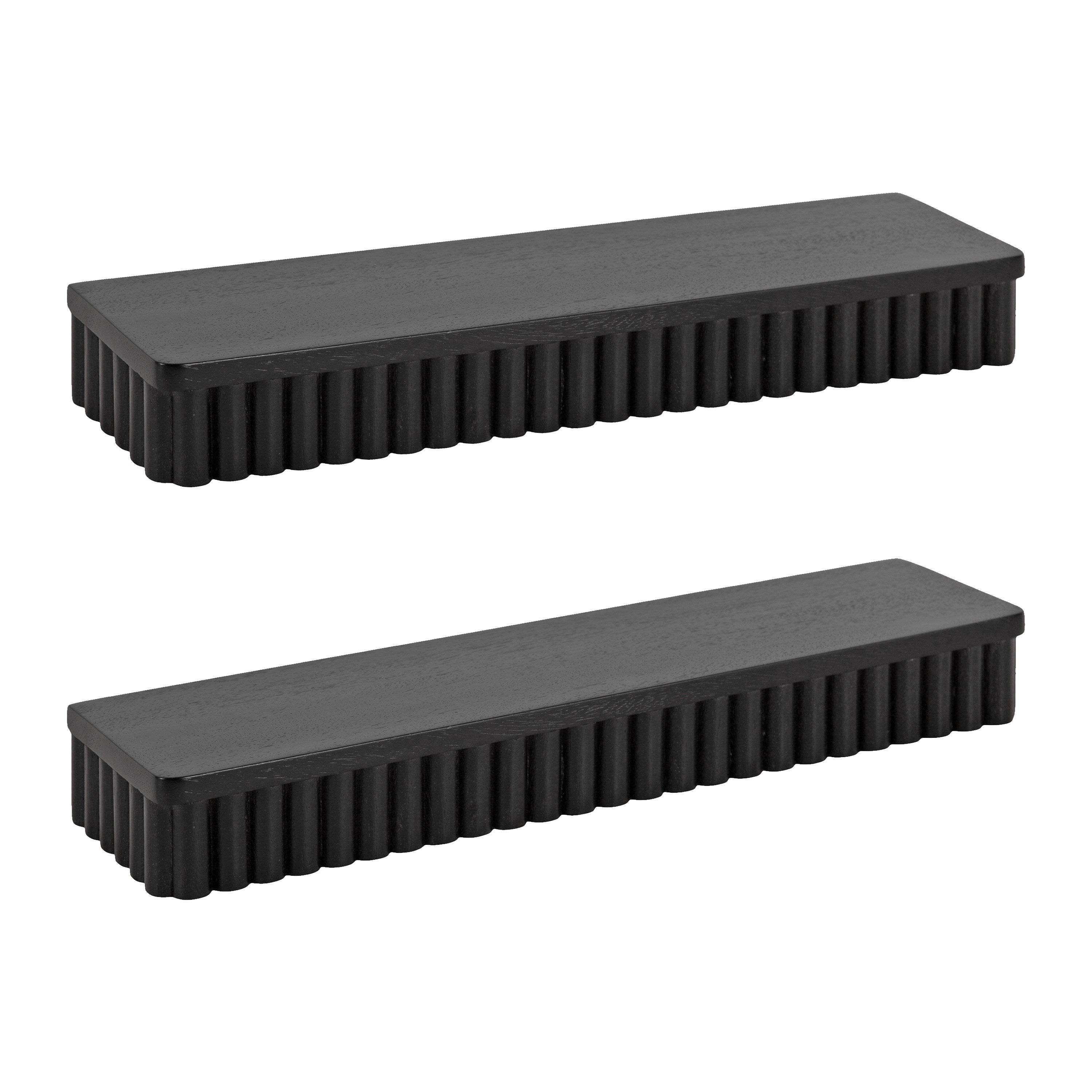 Reid Ribbed Floating Shelves in natural finish mounted on a white wall with decor items.