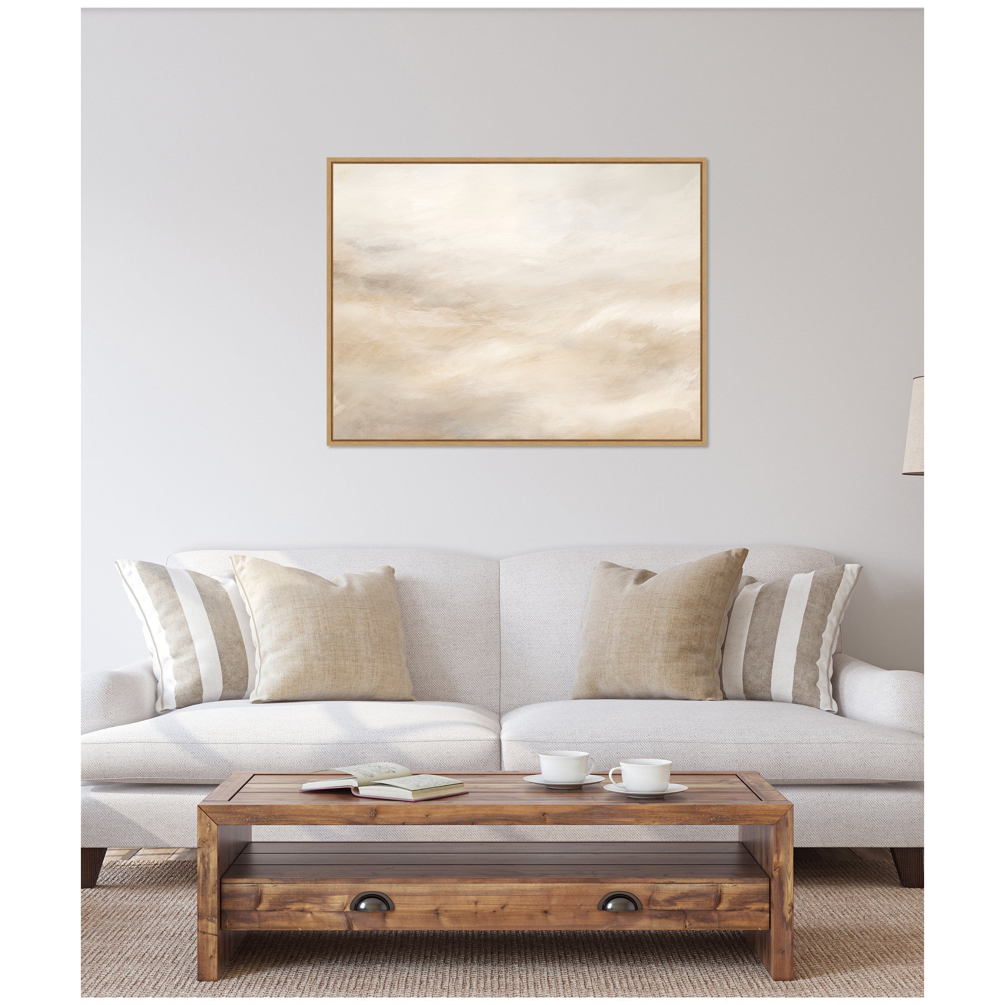 Sylvie Tonal Abstract Textural White and Beige Framed Canvas by The Creative Bunch Studio